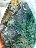 Moss Agate flame with deep green to sage ombré tones and subtle yellow and white mineral inclusions
