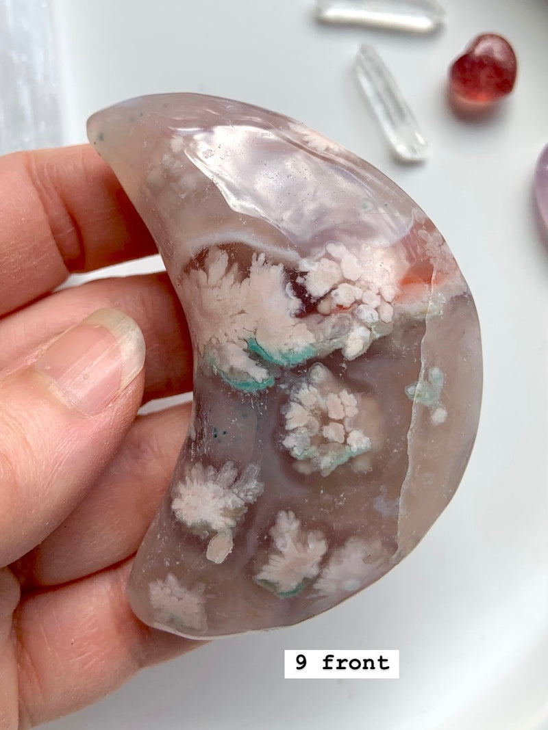 Hand Carved Flower Agate Crescent Moons