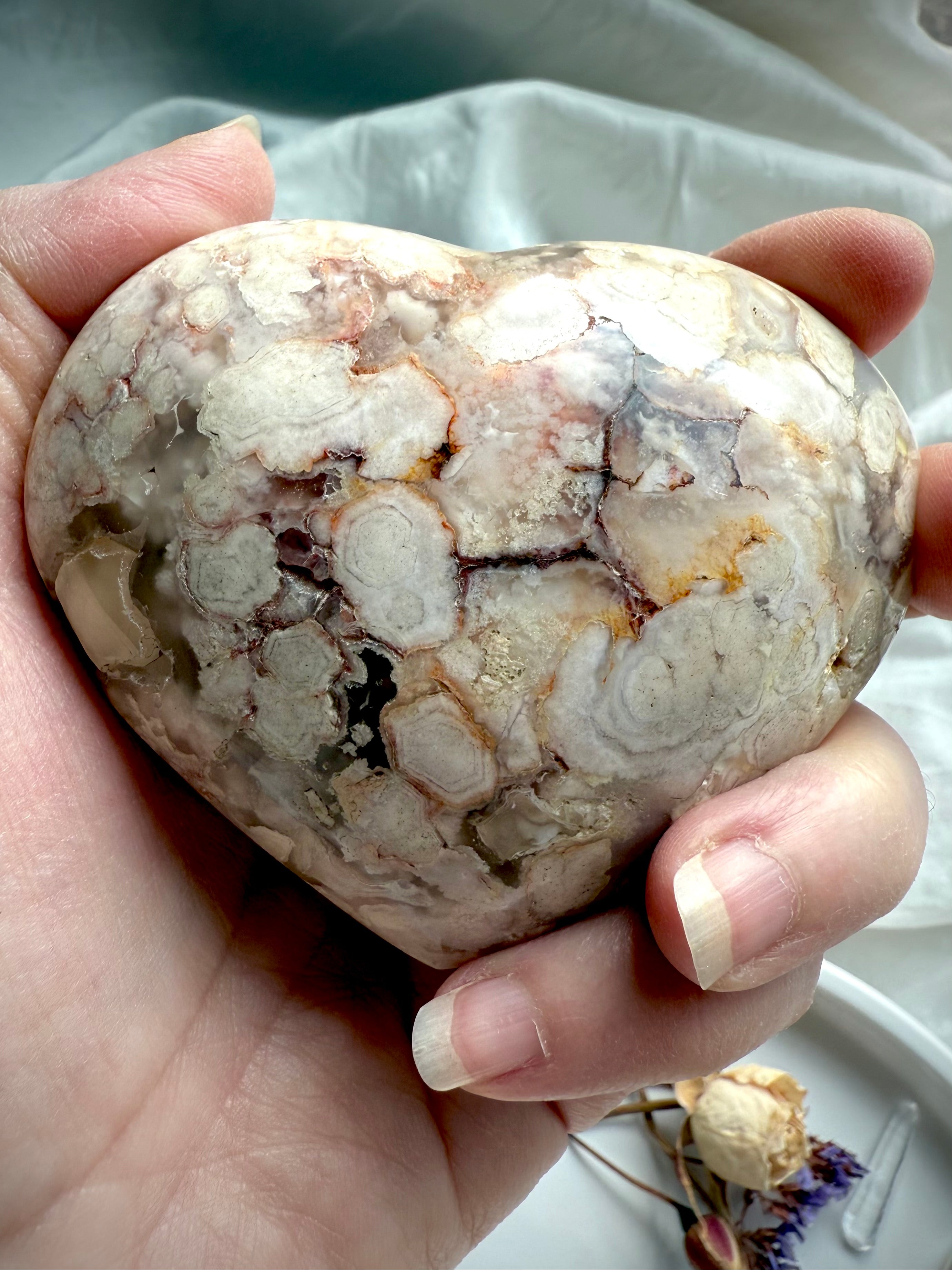 Flower Agate heart held in hand, highlighting its blooming chalcedony patterns and earthy pastel hues — supportive crystal for emotional balance, inner growth, and heart chakra healing.