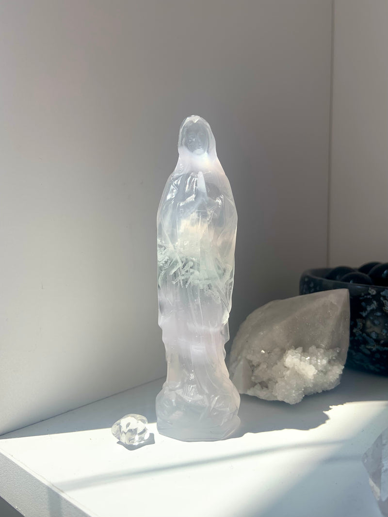 Lavender Fluorite Mother Mary Figurine with Scolecite Inclusions