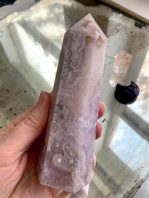 Lavender Pink Amethyst, Flower Agate + Quartz Tower