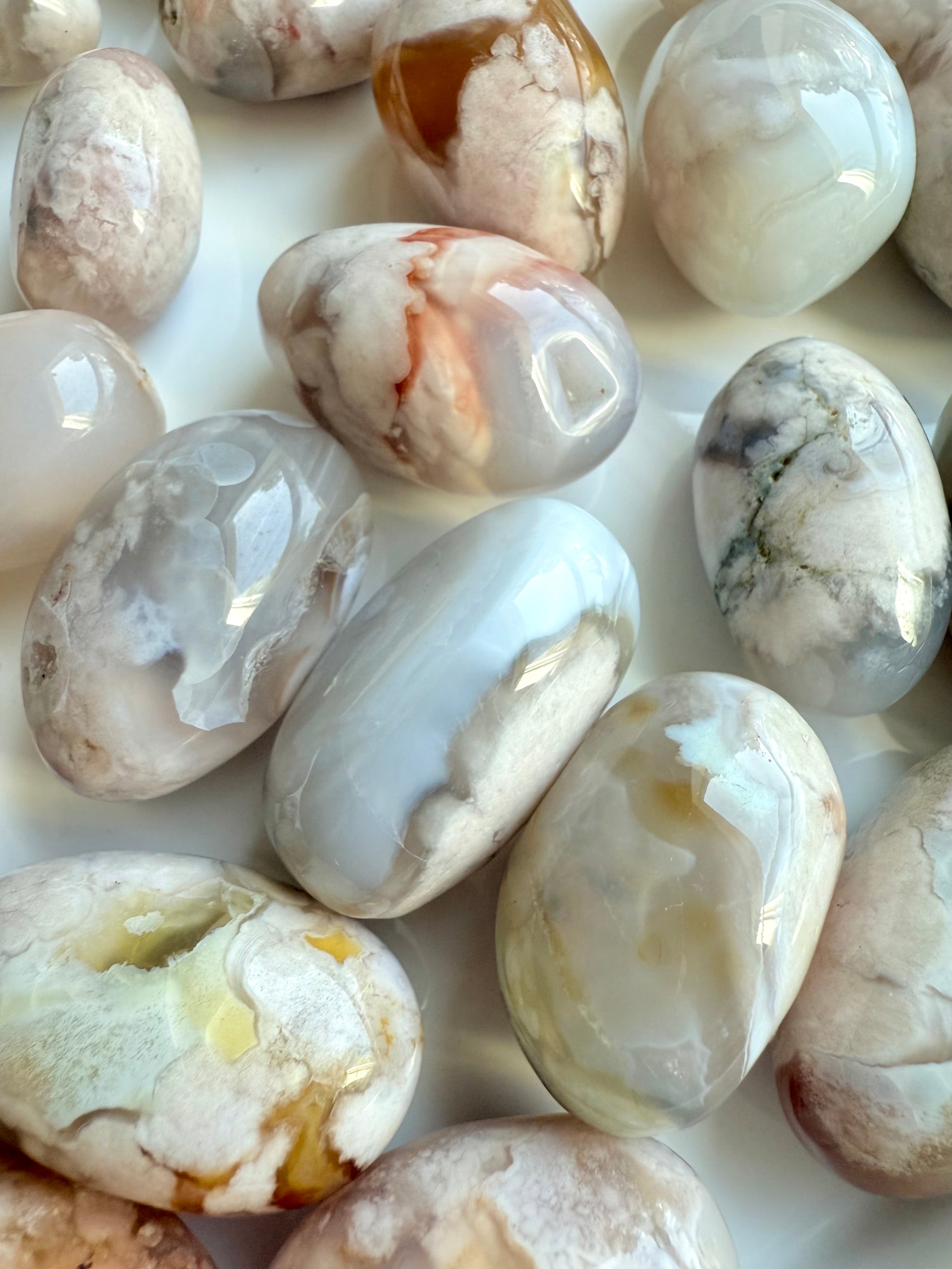 High quality Flower Agate tumbled stones with pretty cherry blossom chalcedony patterns 