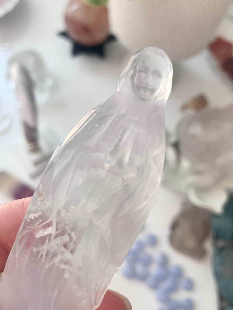 Lavender Fluorite Mother Mary Figurine with Scolecite Inclusions