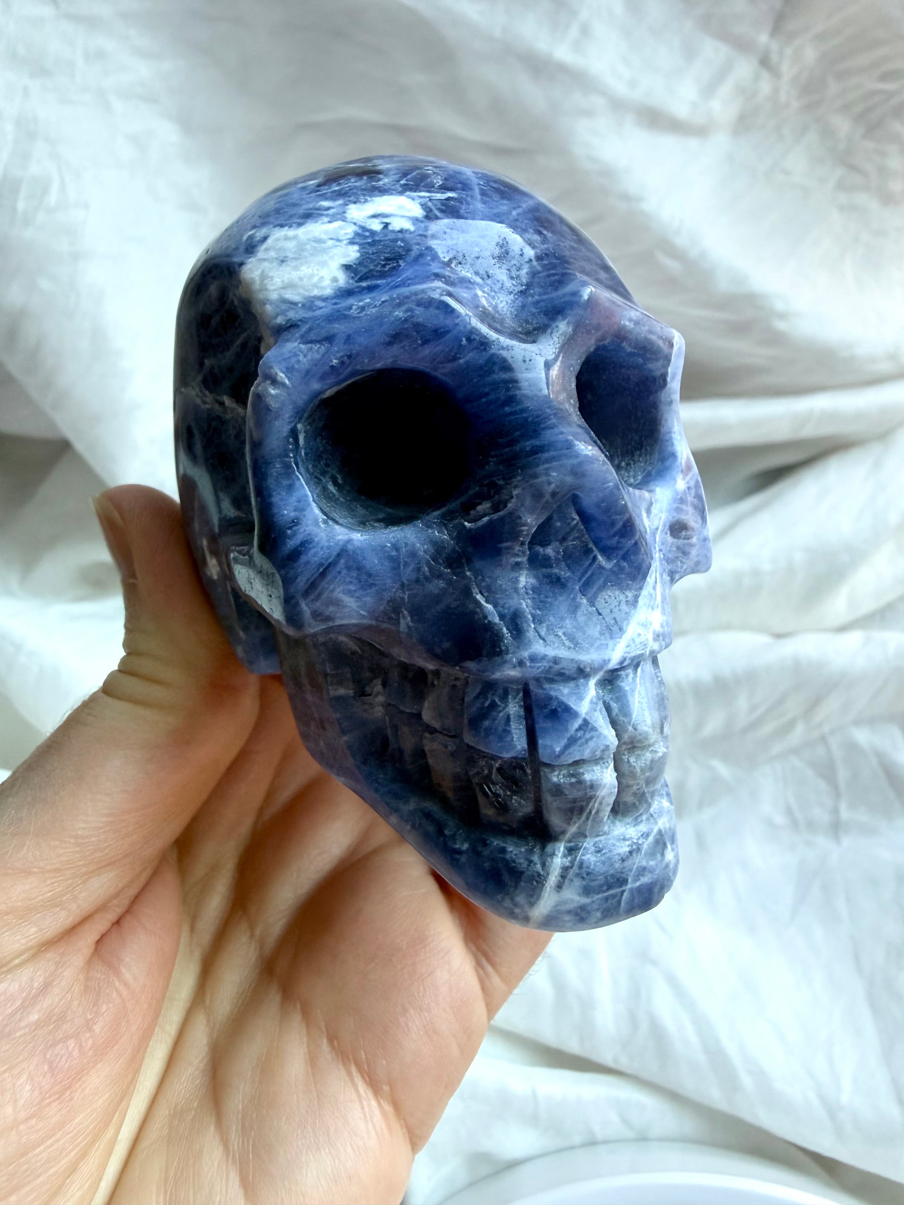Sodalite skull carving hand carved from natural deep blue Sodalite with intricate white mineral veining