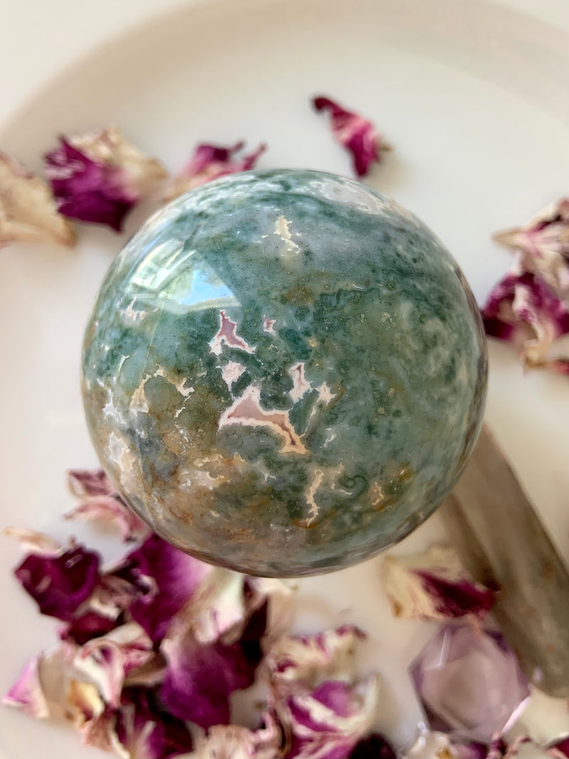 Moss Agate Sphere with Druzy