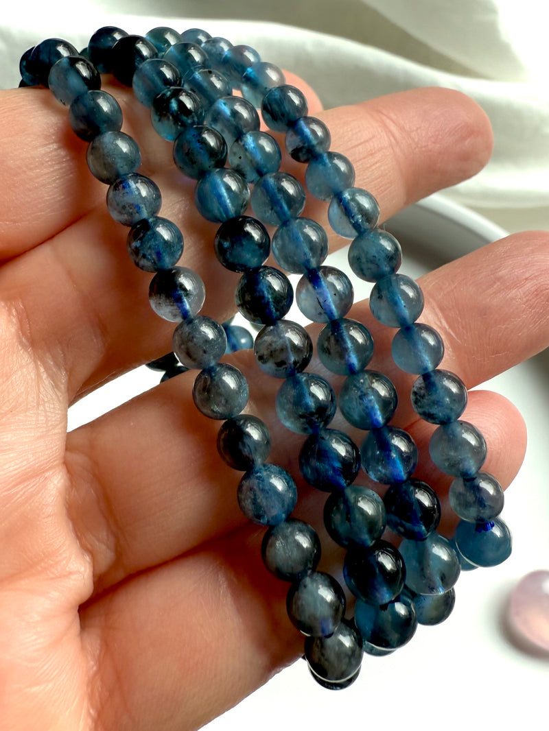 Rare deep blue Aquamarine Bracelets with Black Tourmaline inclusions. March birthstone is Aquamarine