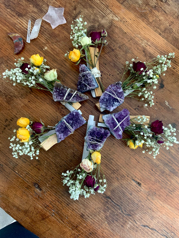 Handmade Amethyst, Selenite + Palo Santo Smudge Bundle, Colorful Dried Rose Bouquet with Crystals made to sit nicely on a flat surface or hung on the wall.