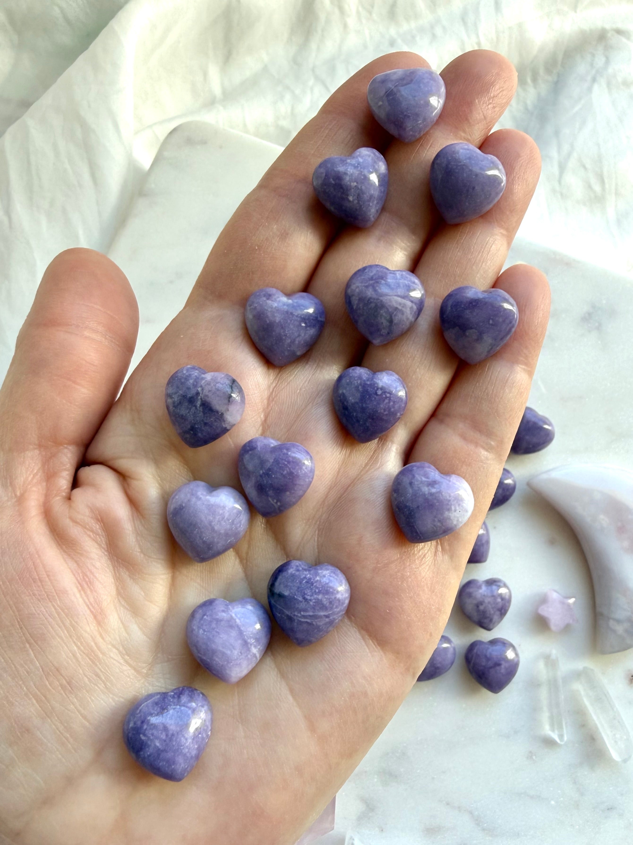 Handful of tiny Lilac Lepidolite hearts for meditation, crystal grids, and altar decor