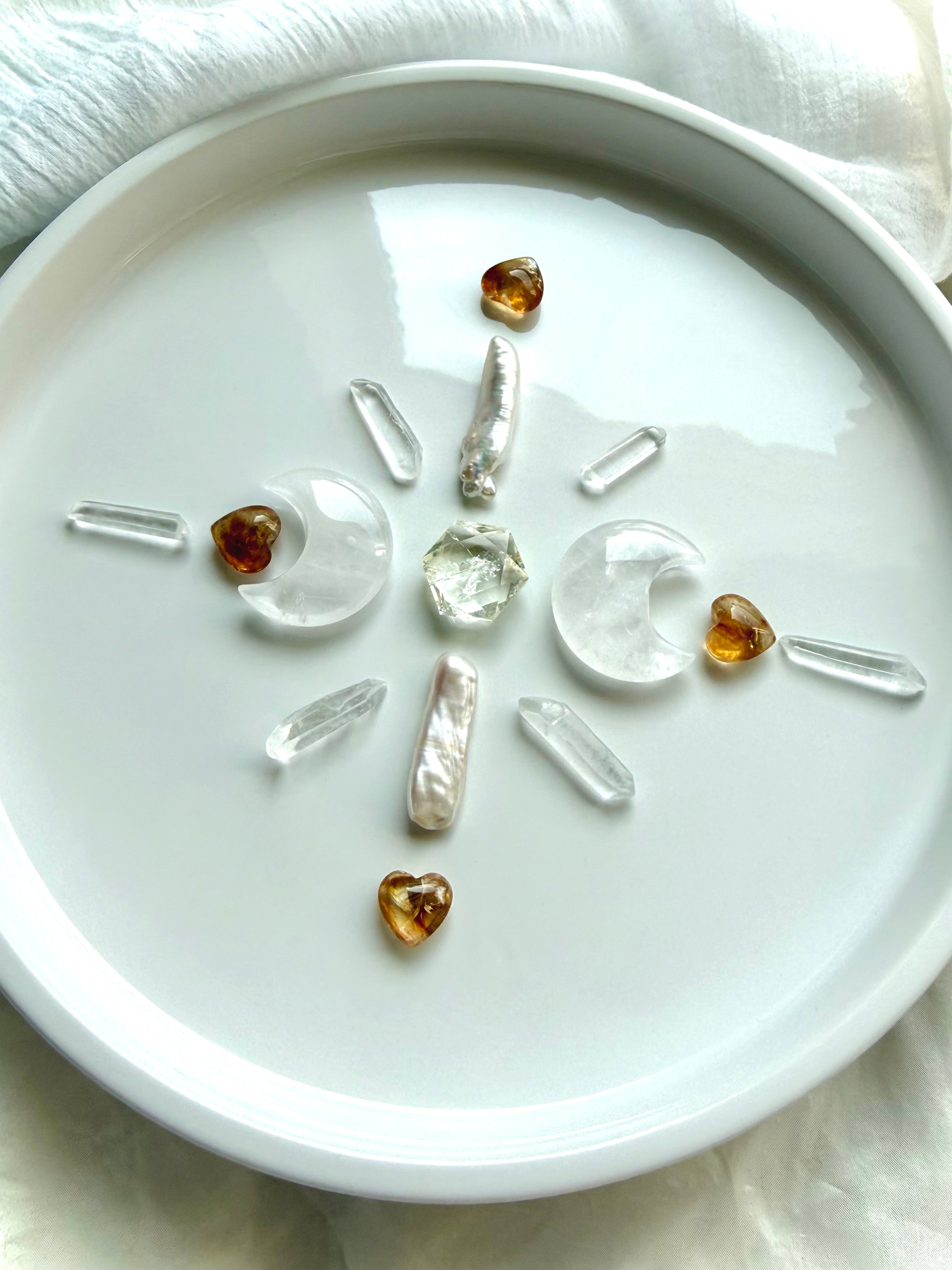 Citrine crystal grid with mini faceted hexagons, Clear Quartz points, and Citrine moon carvings for manifestation