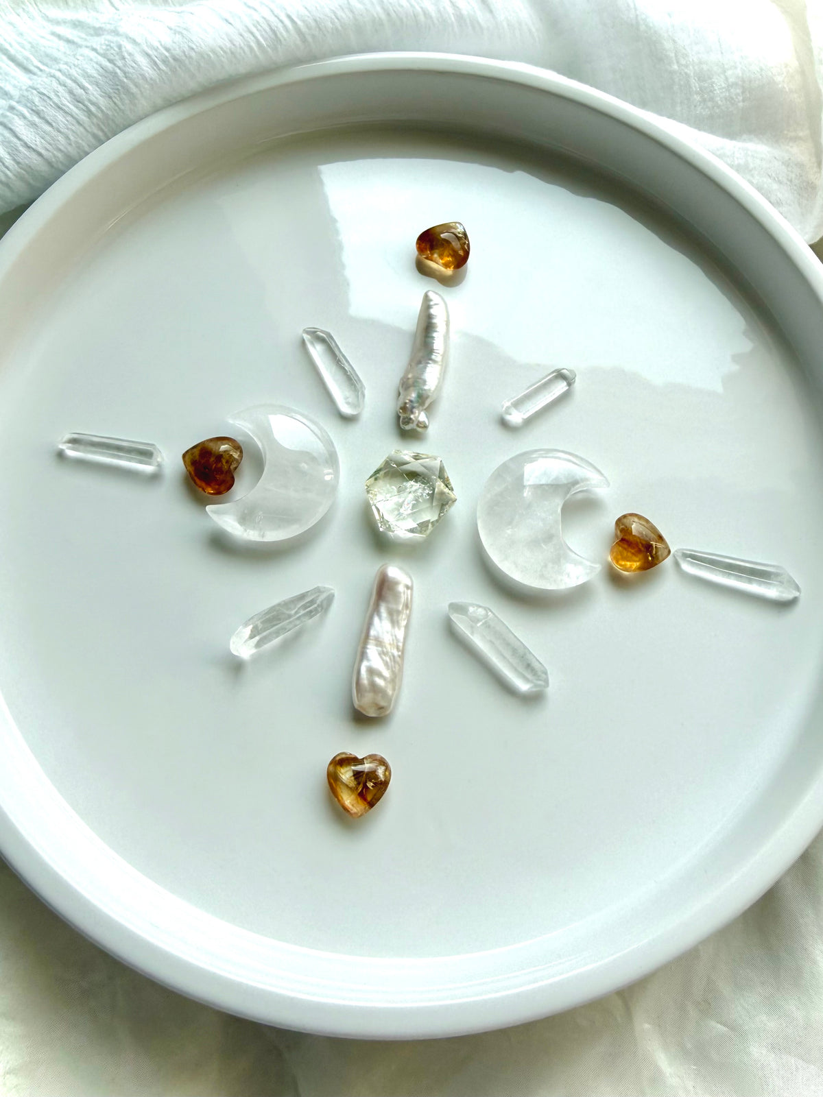 Citrine crystal grid with mini faceted hexagons, Clear Quartz points, and Citrine moon carvings for manifestation