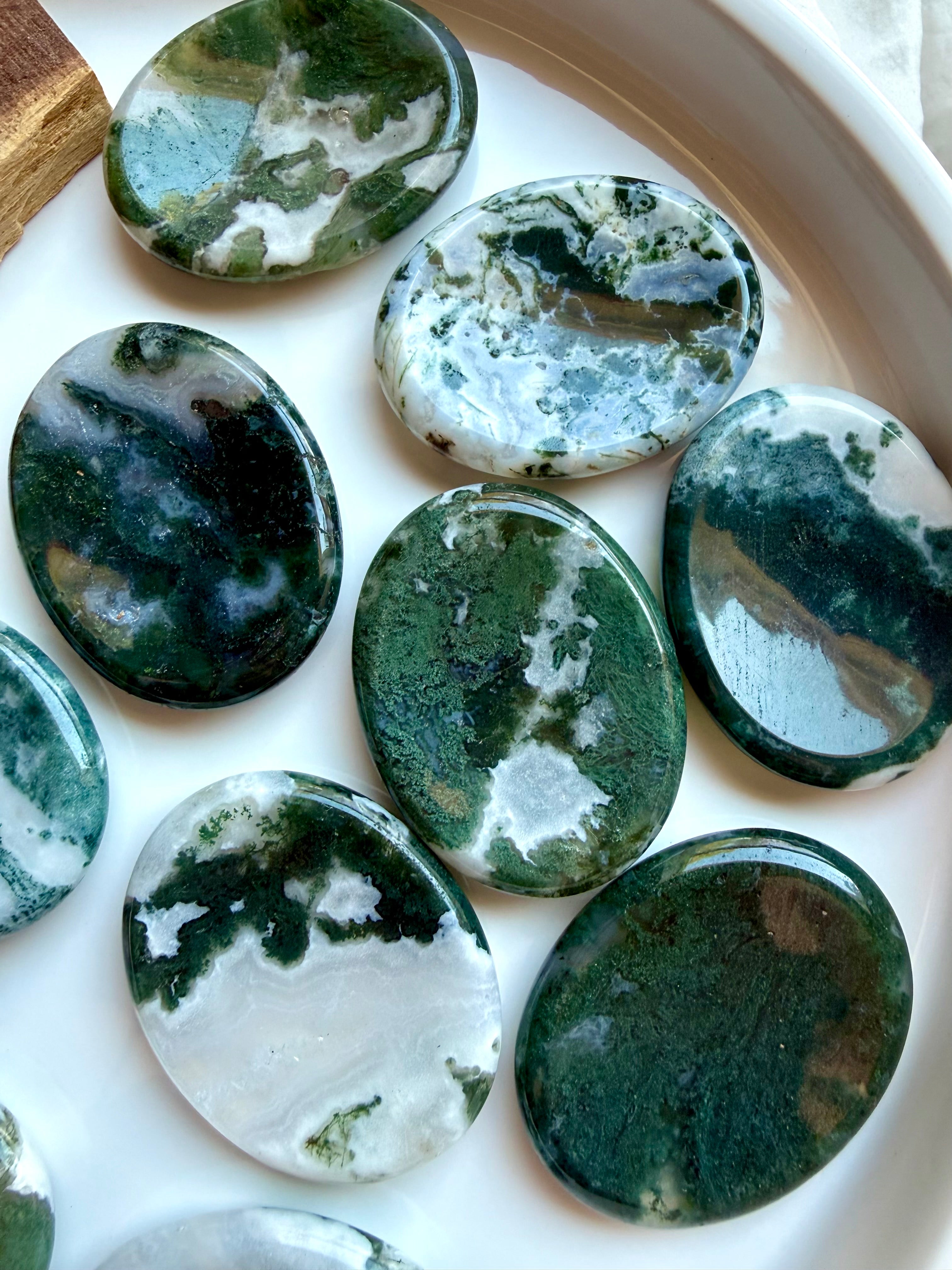 Moss Agate oval worry stones with translucent quartz, moss inclusions and smooth polished surfaces