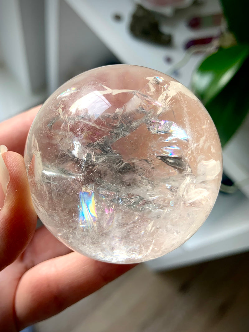 Clear Quartz Sphere with Rainbows + Golden Healer Inclusion