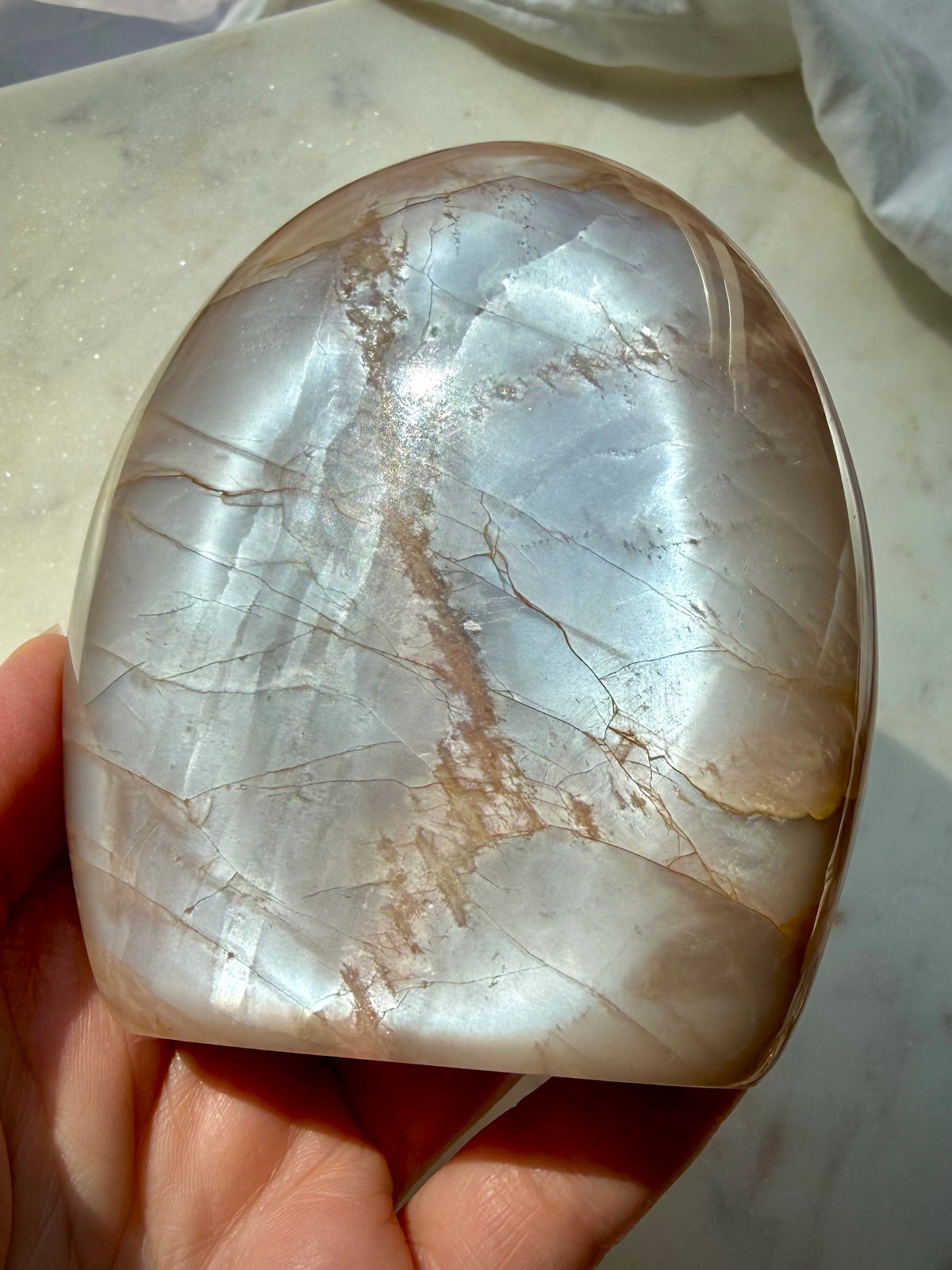 Peach Moonstone freeform with luminous silvery Moonstone shimmer, warm peach tones and natural mineral patterns