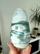 A rare scenic Blue Ocean Jasper Freeform with orbicular orbs + druzy reminiscent of a stormy sea