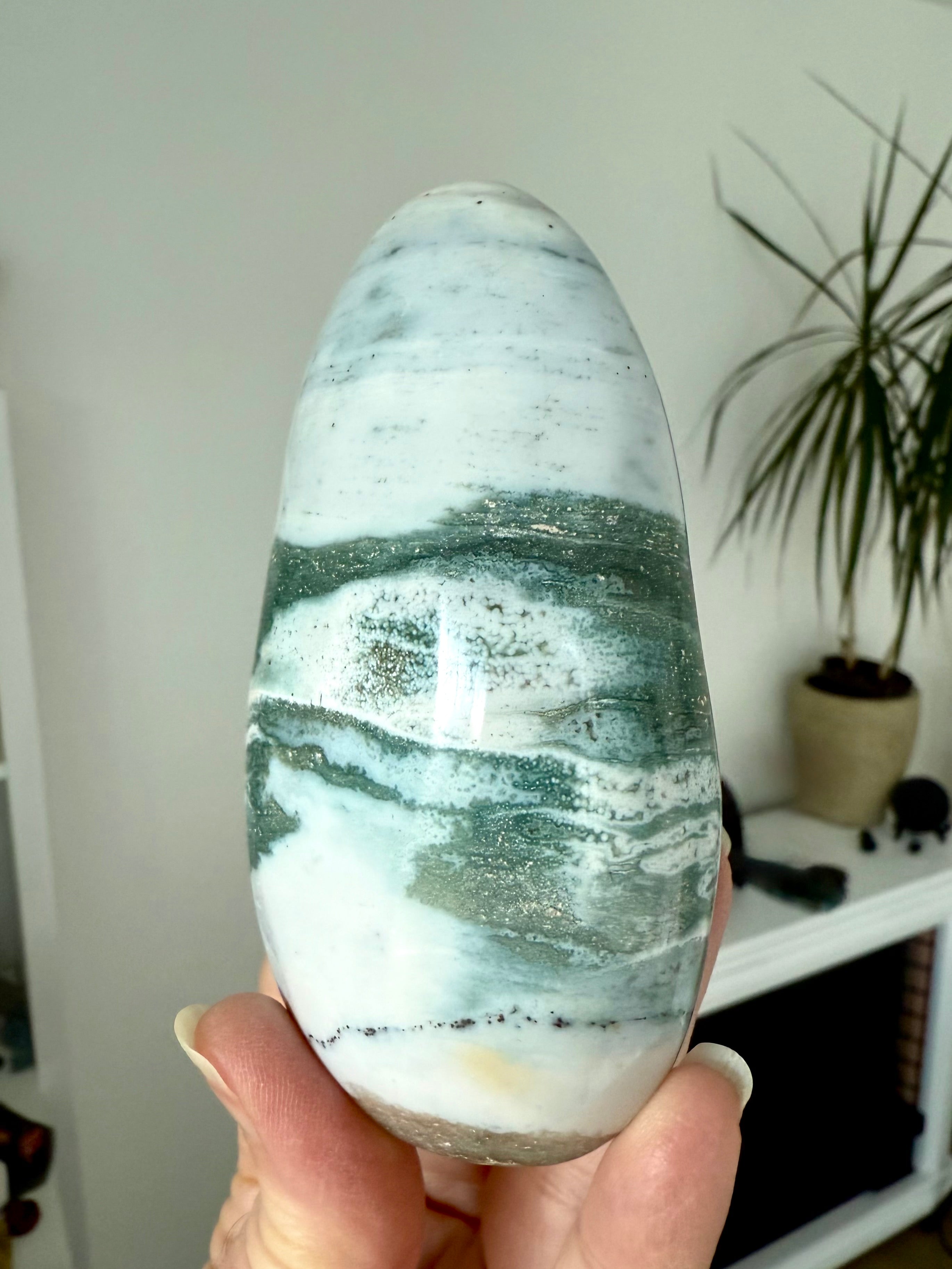 A rare scenic Blue Ocean Jasper Freeform with orbicular orbs + druzy reminiscent of a stormy sea