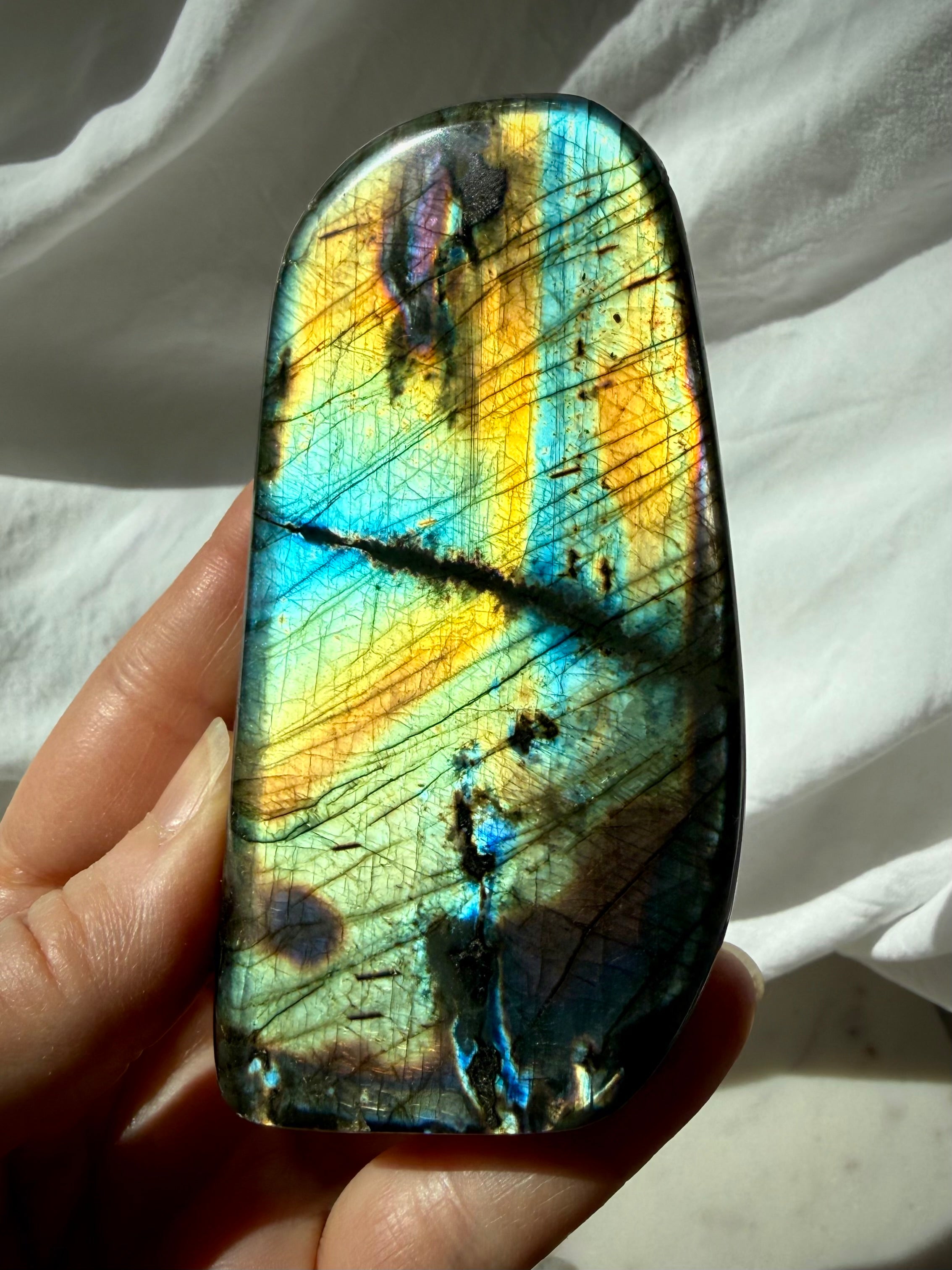 Rainbow Flash Labradorite freeform with brilliant blue, aqua, green, gold, and rainbow labradorescence