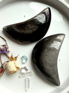 Silver Sheen Obsidian crescent moons displayed side by side, choose your moon crystal for insight and protection 