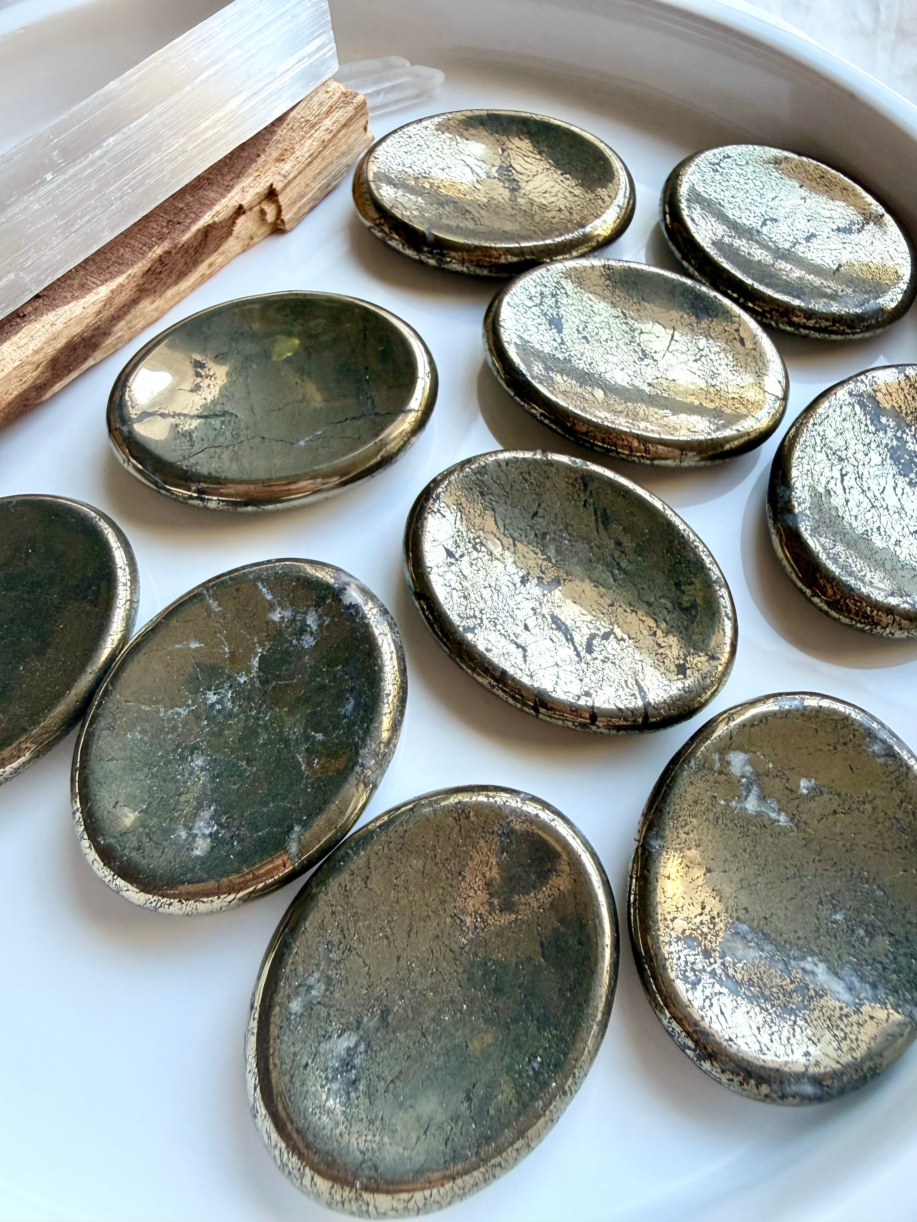 Pyrite worry stones with brilliant metallic gold luster and natural mineral inclusions for abundance and confidence
