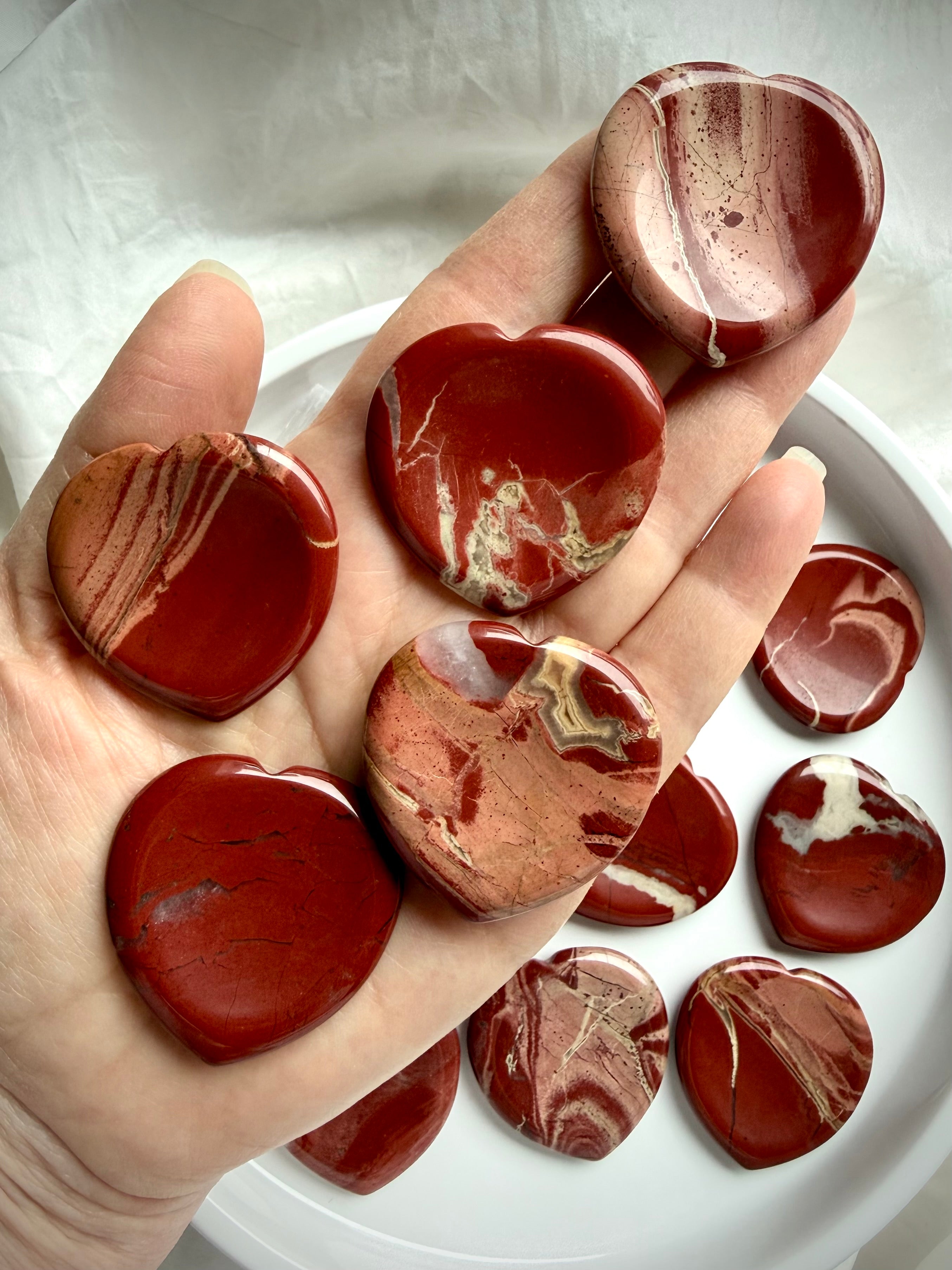 red jasper heart shaped worry stones – polished meditation crystals for grounding and emotional strength