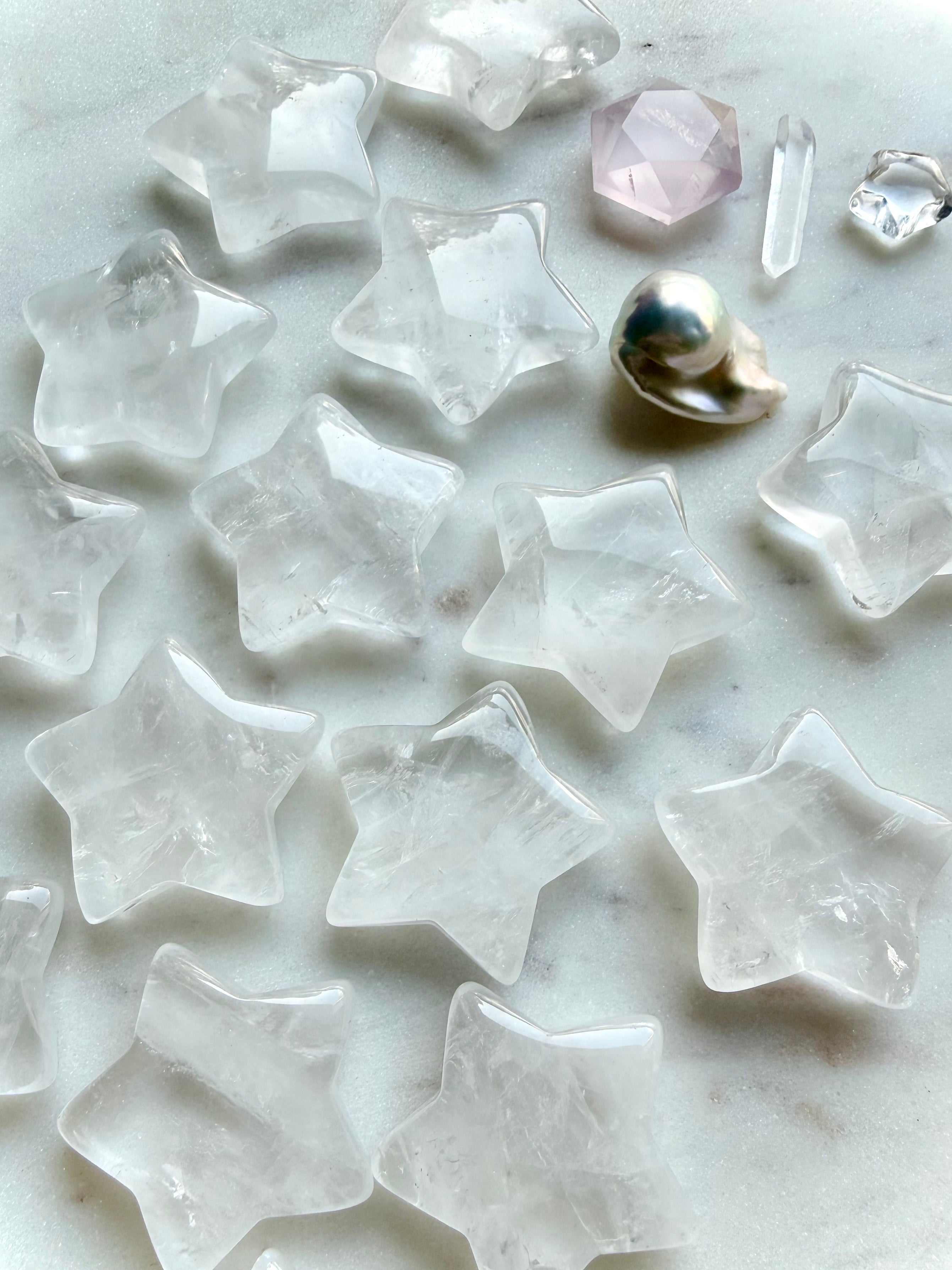clear quartz star crystals with pearl and crystal accents for clarity healing and energy amplification