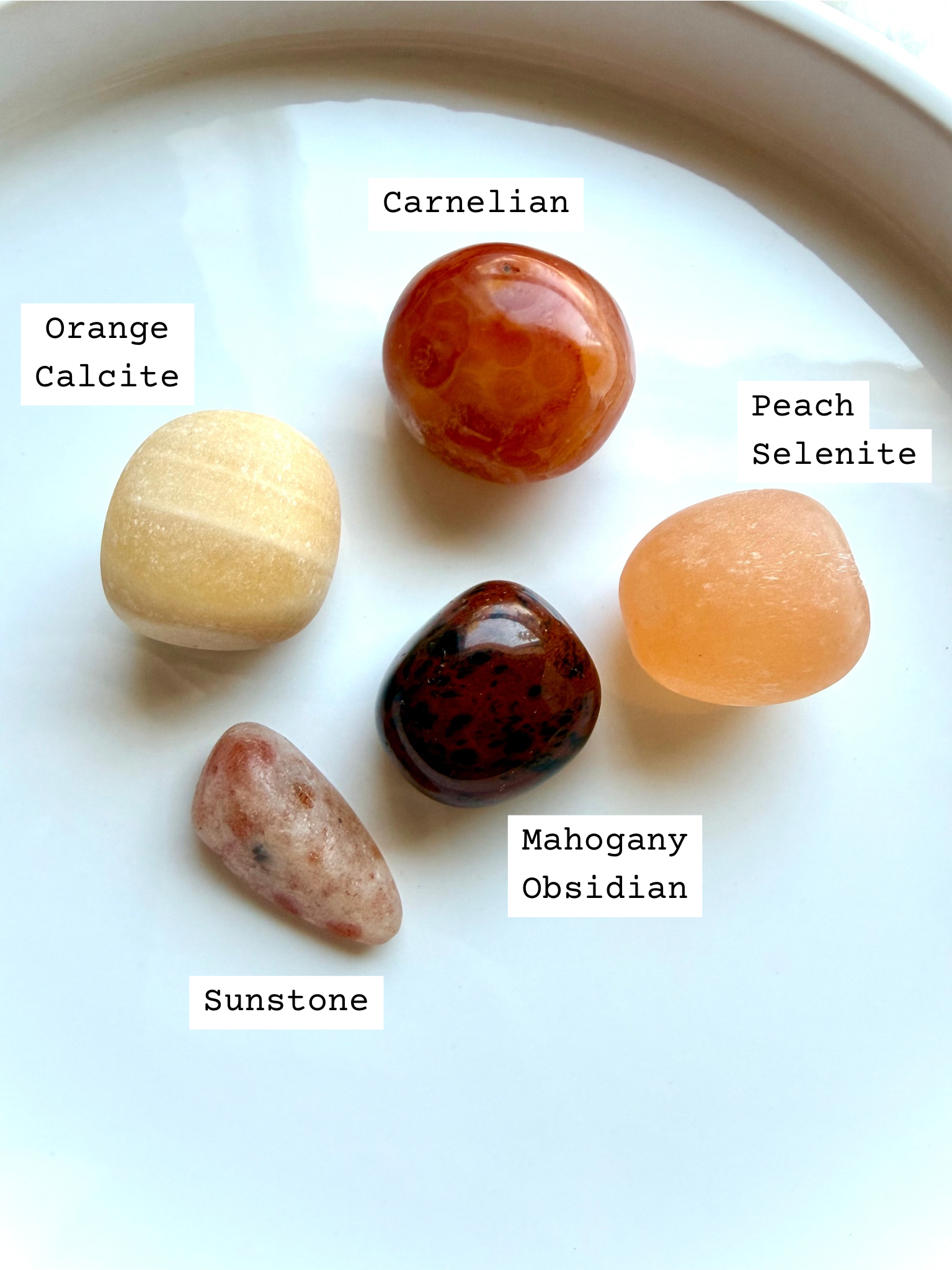Labeled Sacral Chakra crystal set with Orange Calcite, Carnelian, Peach Selenite, Mahogany Obsidian, and Sunstone