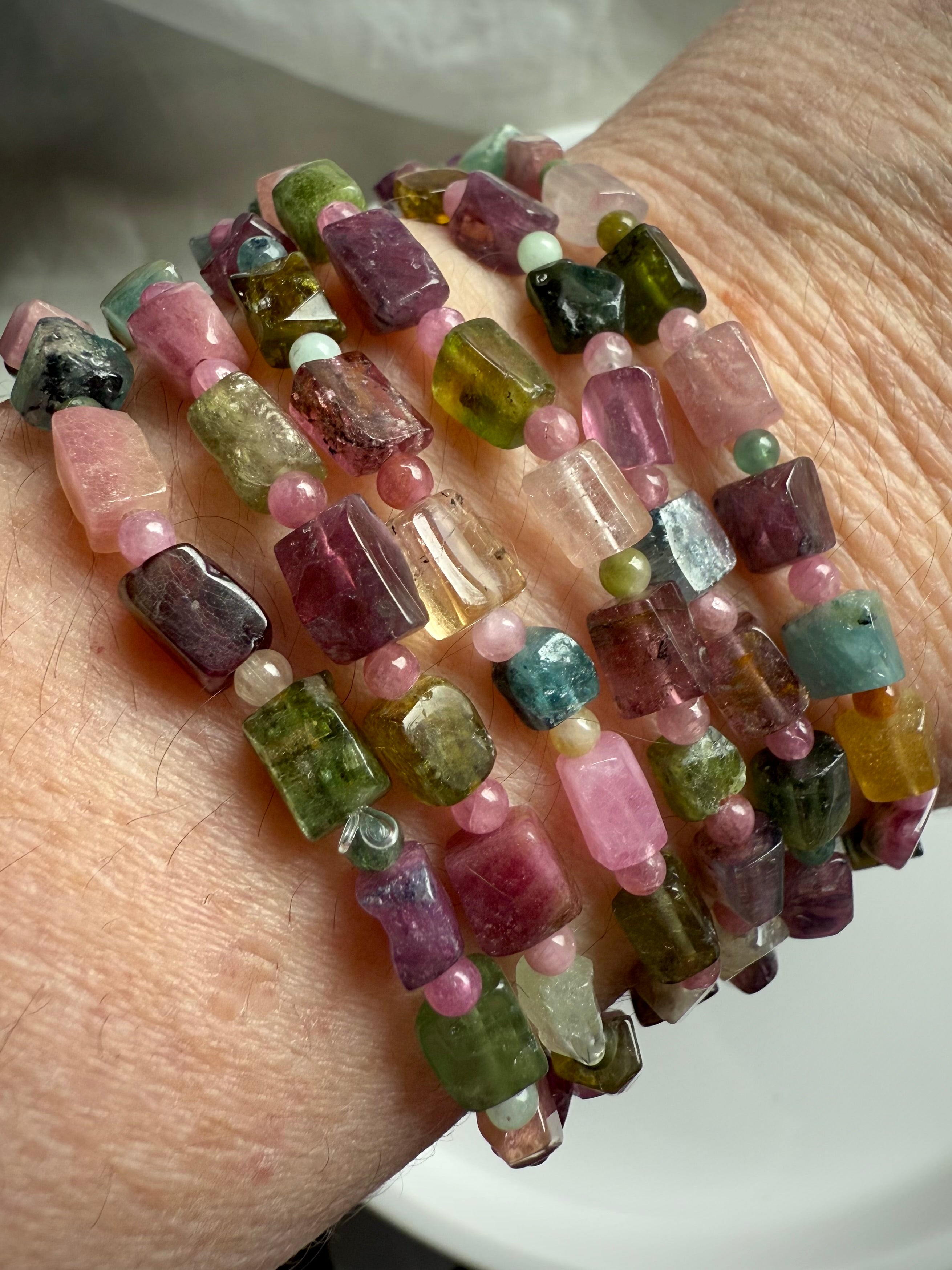 Wear our Rainbow Tourmaline Cube Bracelet to raise your vibration with heart centered inspiration