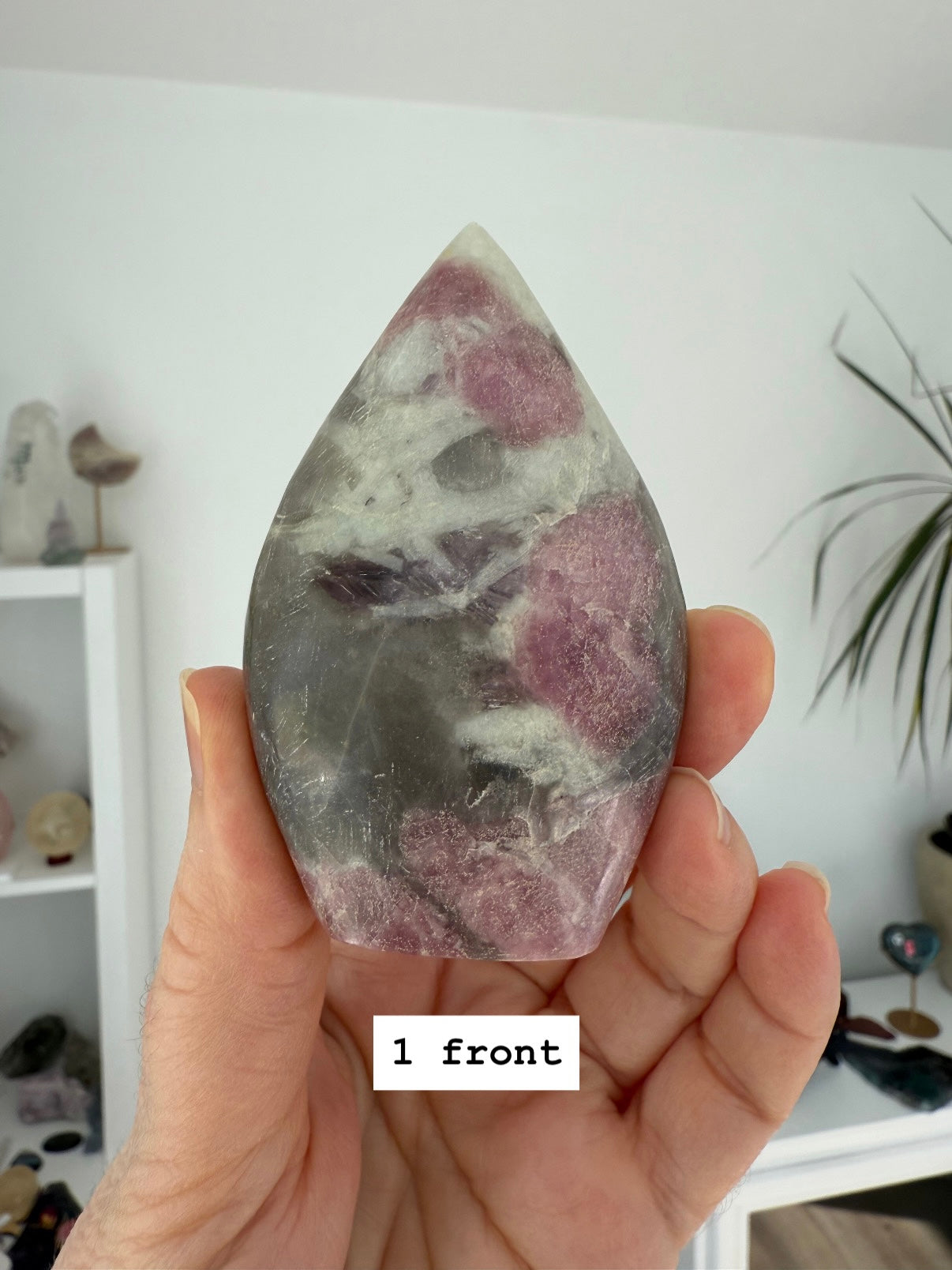 Unicorn Stone Flame Carving — Pink Tourmaline in Lepidolite with Smoky Quartz + Cleavelandite matrix
