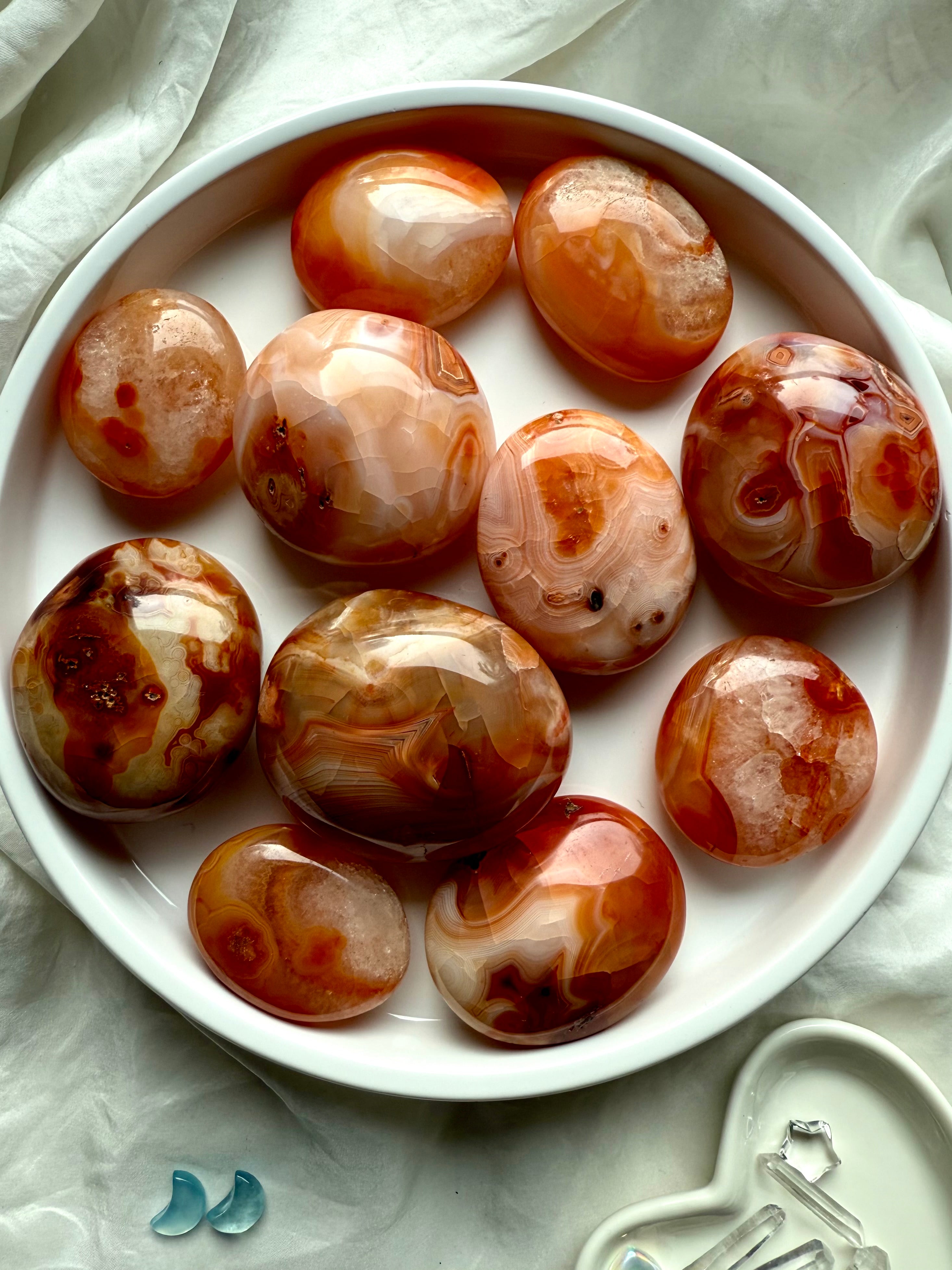 Orange Carnelian palm stones for grounding, vitality + energy flow — sacral chakra crystals for motivation + courage