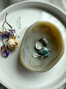 Beige Agate crystal bowl with moss agate and clear quartz tumbles – grounding gemstone offering dish