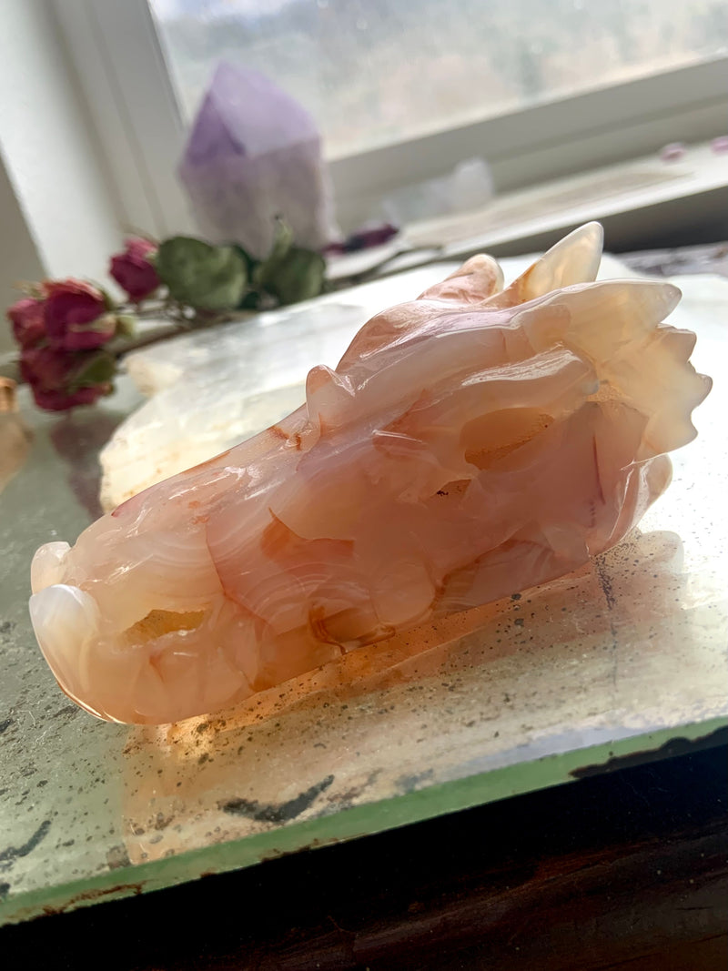 Carnelian Flower Agate Dragon Head