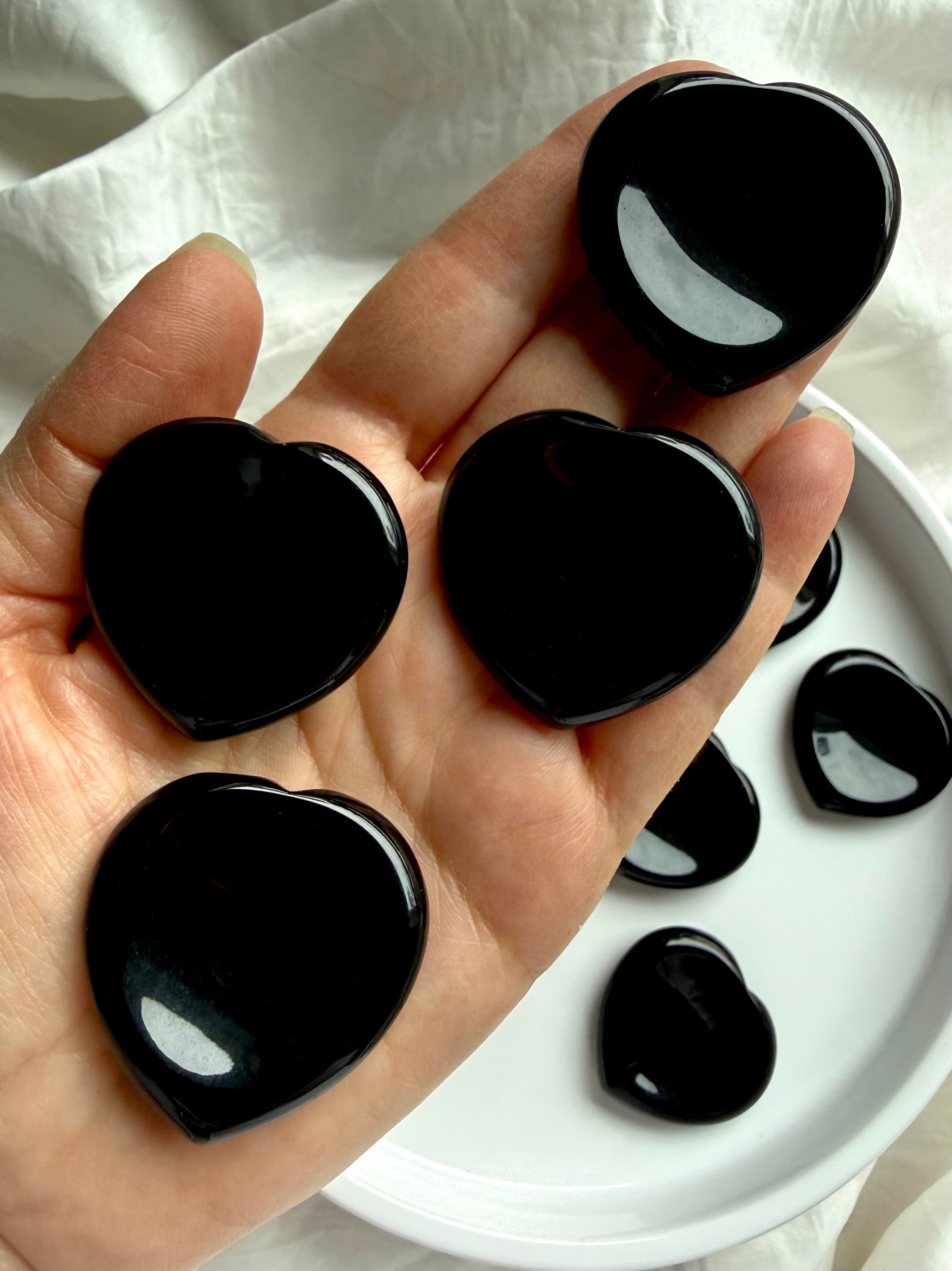 Black obsidian crystal heart worry stones for calm and protection
