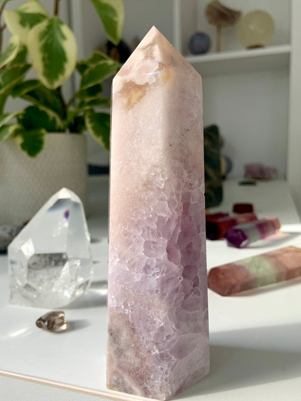 Lavender Pink Amethyst, Flower Agate + Quartz Tower