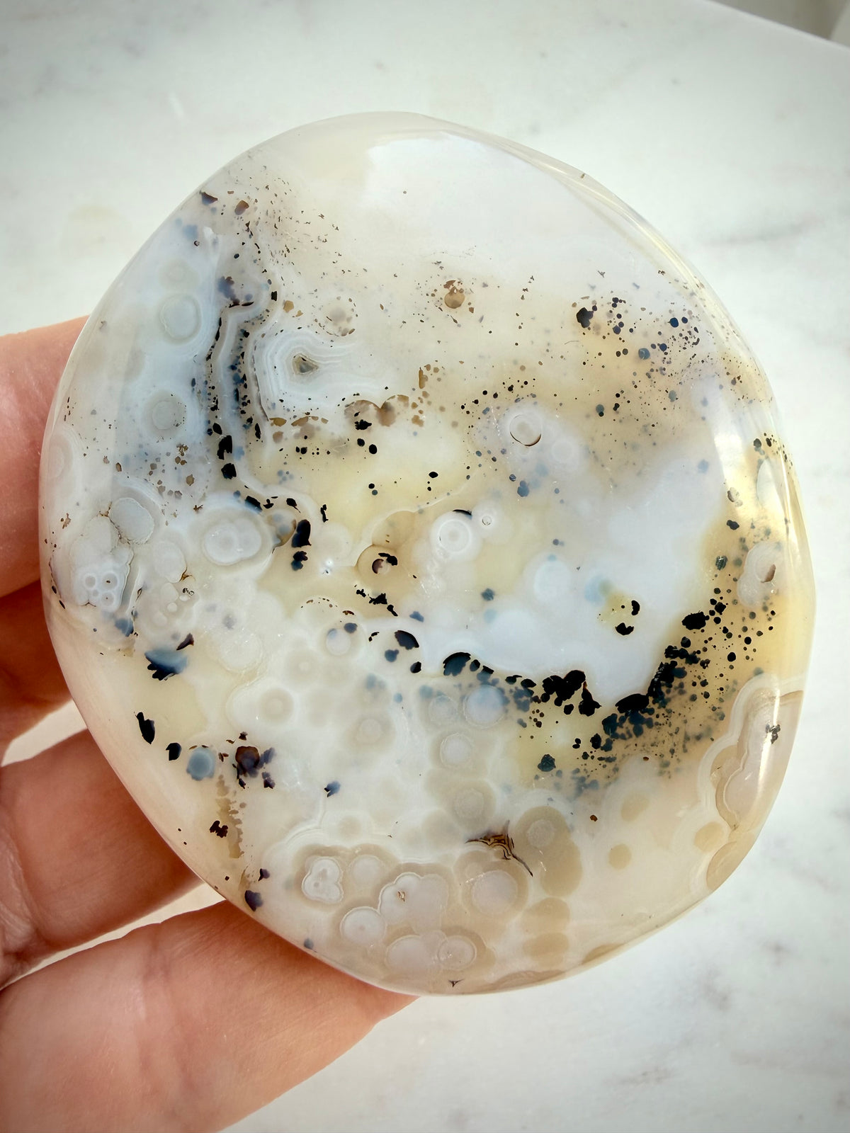 Natural Dendritic Agate freeform held in hand, showing delicate black dendrites and pale golden mineral inclusions