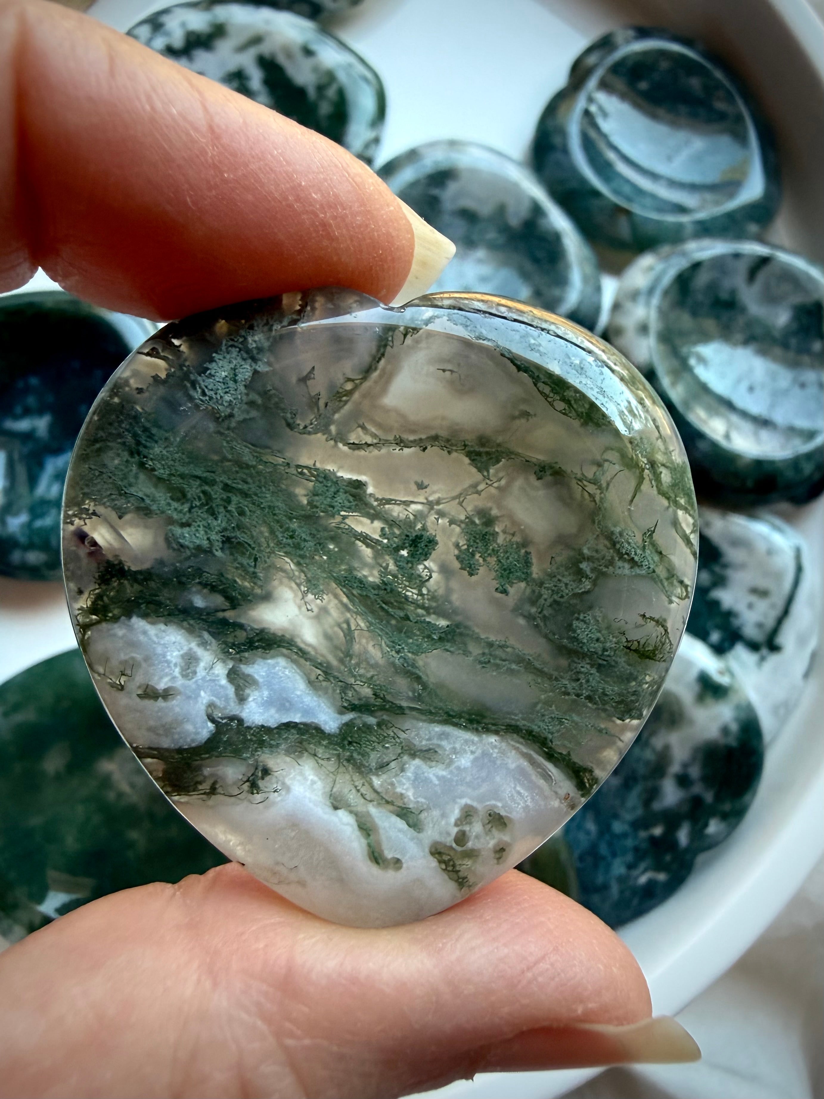 Moss Agate heart worry stones with translucent quartz, moss inclusions and polished heart shapes