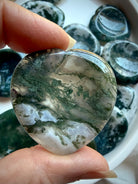 Moss Agate heart worry stones with translucent quartz, moss inclusions and polished heart shapes