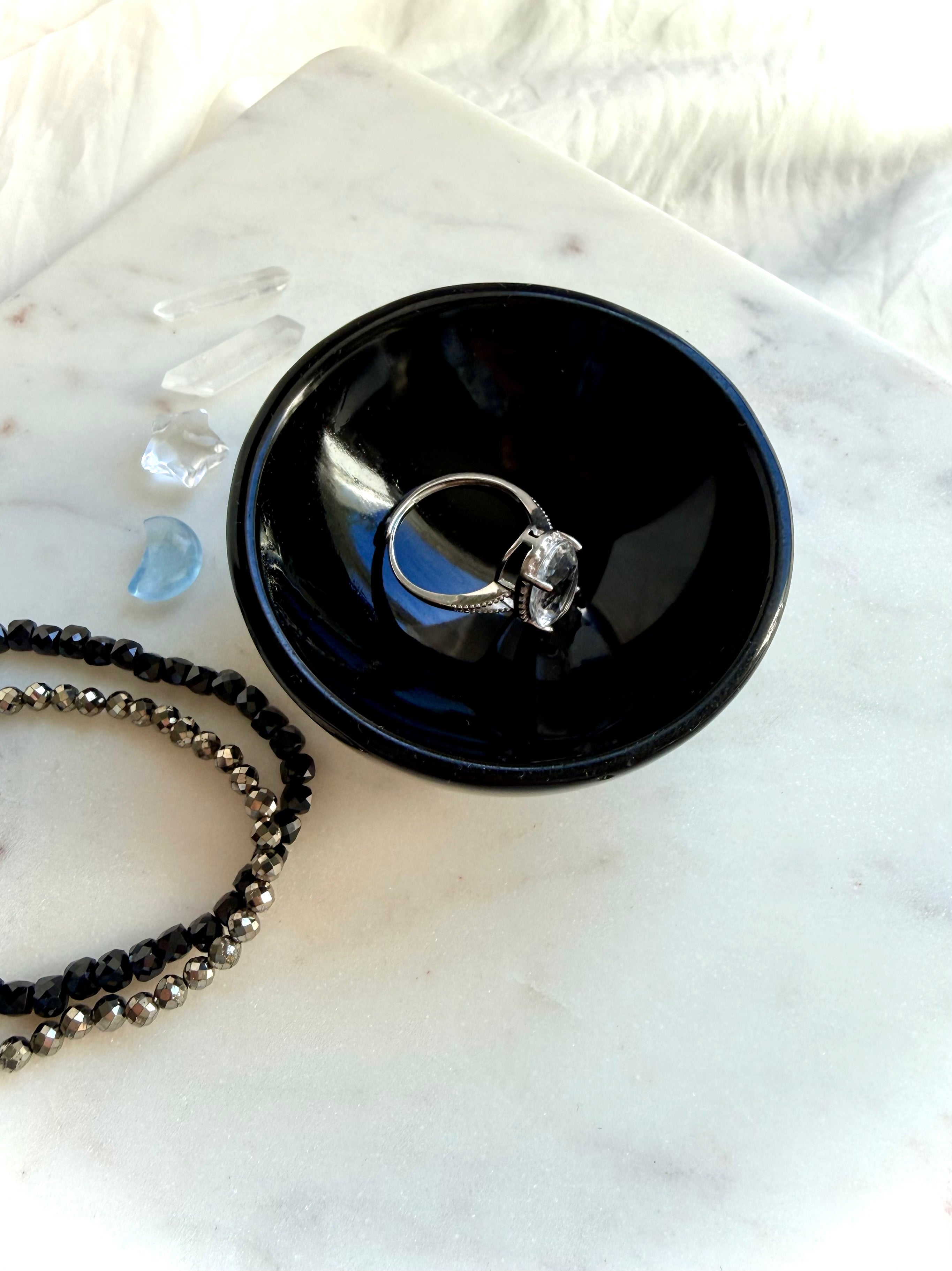 Small Black Obsidian ritual bowl with sterling silver ring for altar and jewelry use