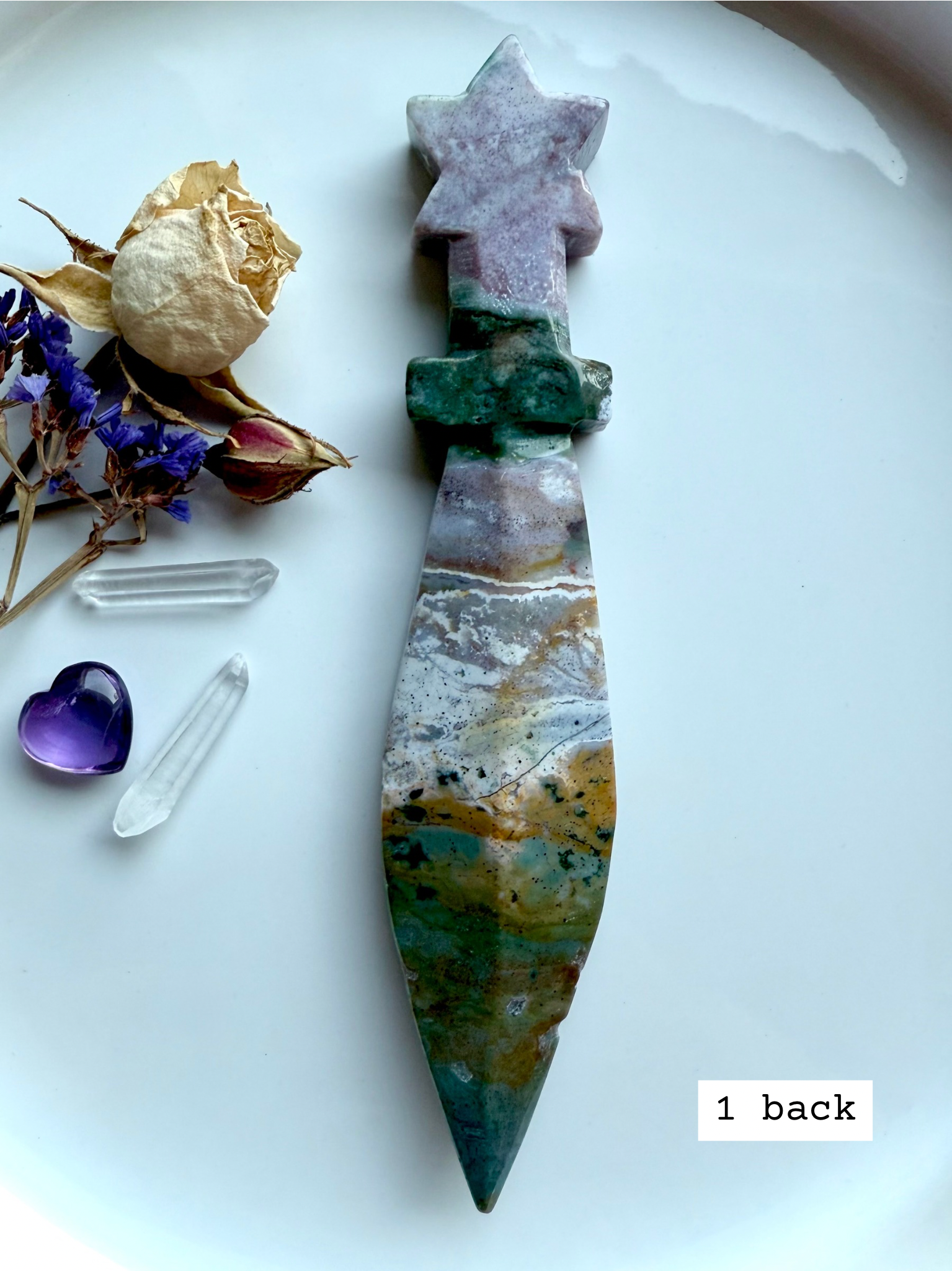 Ocean Jasper star knife # 1 back – crystal athame carving with earthy greens, creams, and natural stone inclusions