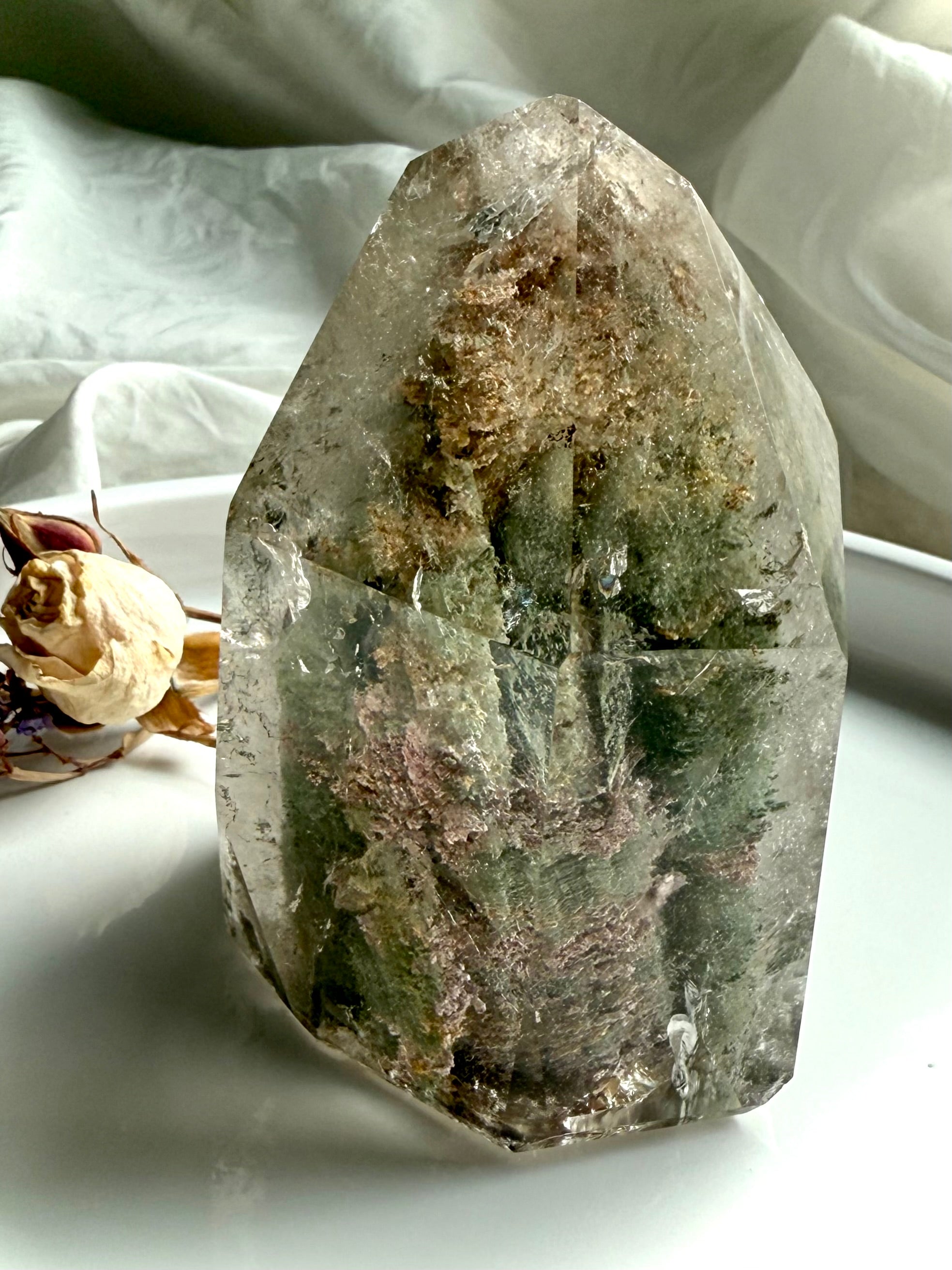 Lodolite Garden Quartz phantom crystal tower standing upright, Shaman’s Stone for Root Chakra grounding and stability