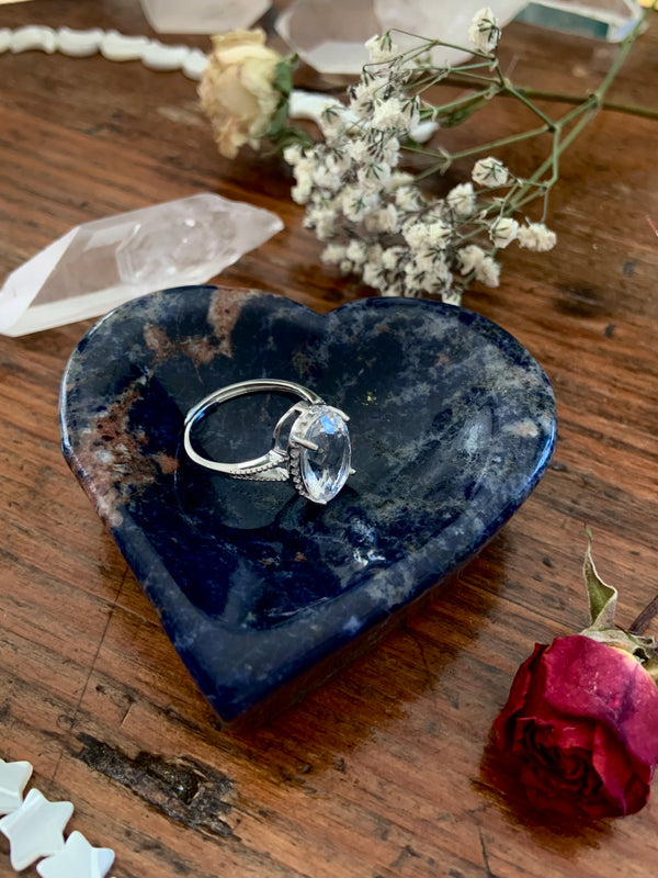 Sodalite Heart Bowl, Hand carved blue stone ring dish. Picture shows a ring inside as an example.