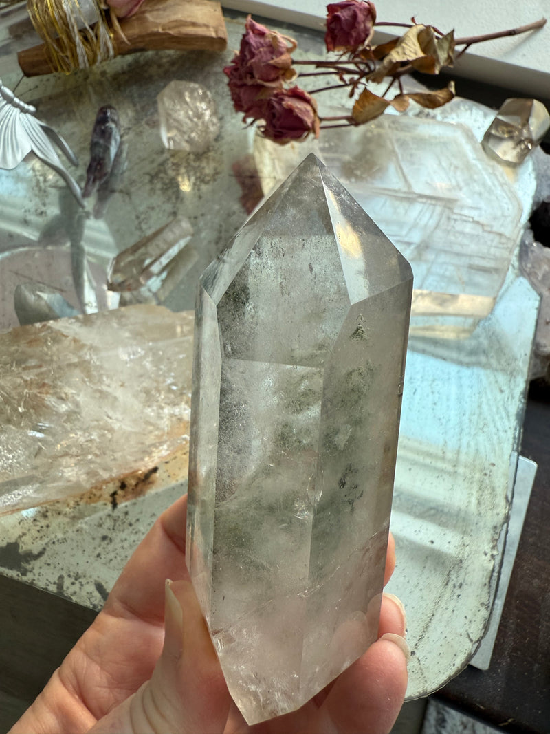 The 5-sided Isis Face Master Crystal formation in this Garden Quartz Crystal Tower