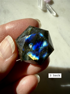 Flashy Labradorite hexagon – sacred geometry crystal for Third Eye Chakra, with multicolored labradorescence, back view
