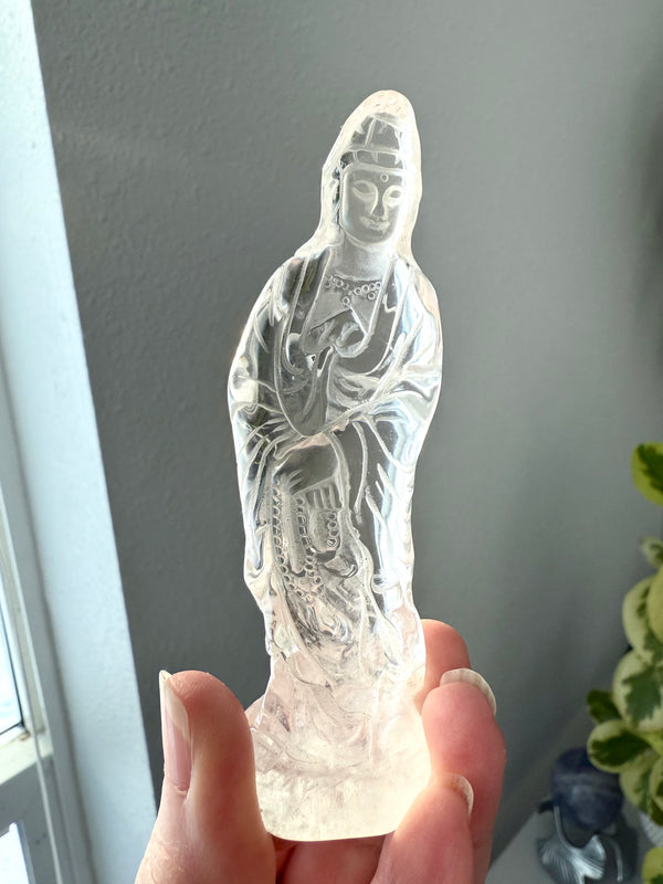 Quan Yin is the Goddess of Compassion made from Clear quartz, the master healer of the crystal world