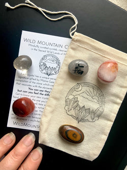 Tumble set comes in a travel pouch that's hand stamped with the Wild Mountain Crystals logo plus an info card to help you ID + learn how to use the healing properties of your new crystals