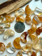 Golden Healer crystal moons in assorted sizes with natural patterns, clarity, and unique golden coloring shown with a US quarter for scale