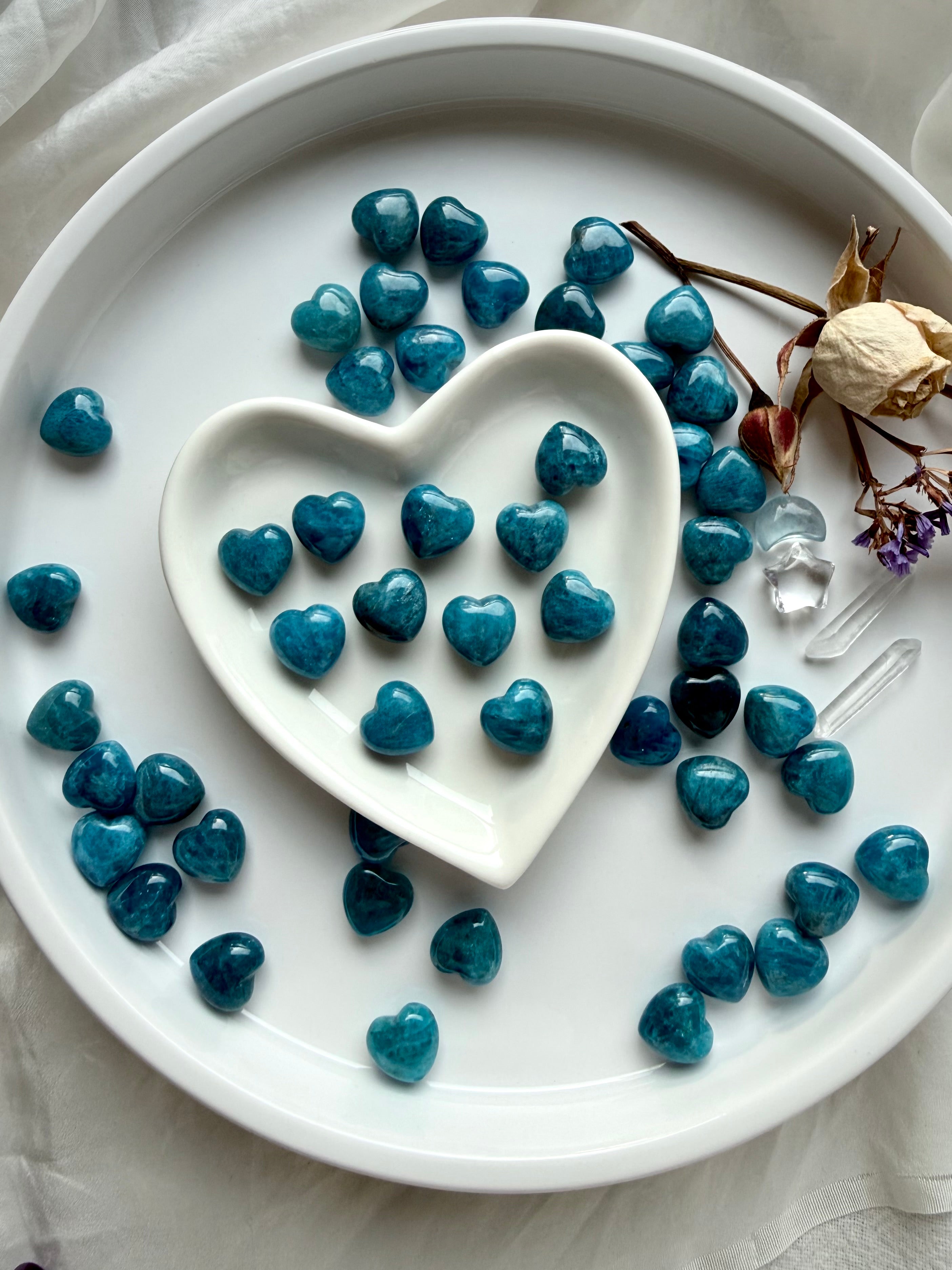 Mini Blue Apatite hearts displayed in white ceramic heart dish, polished crystal hearts for emotional clarity and sacred gifting
