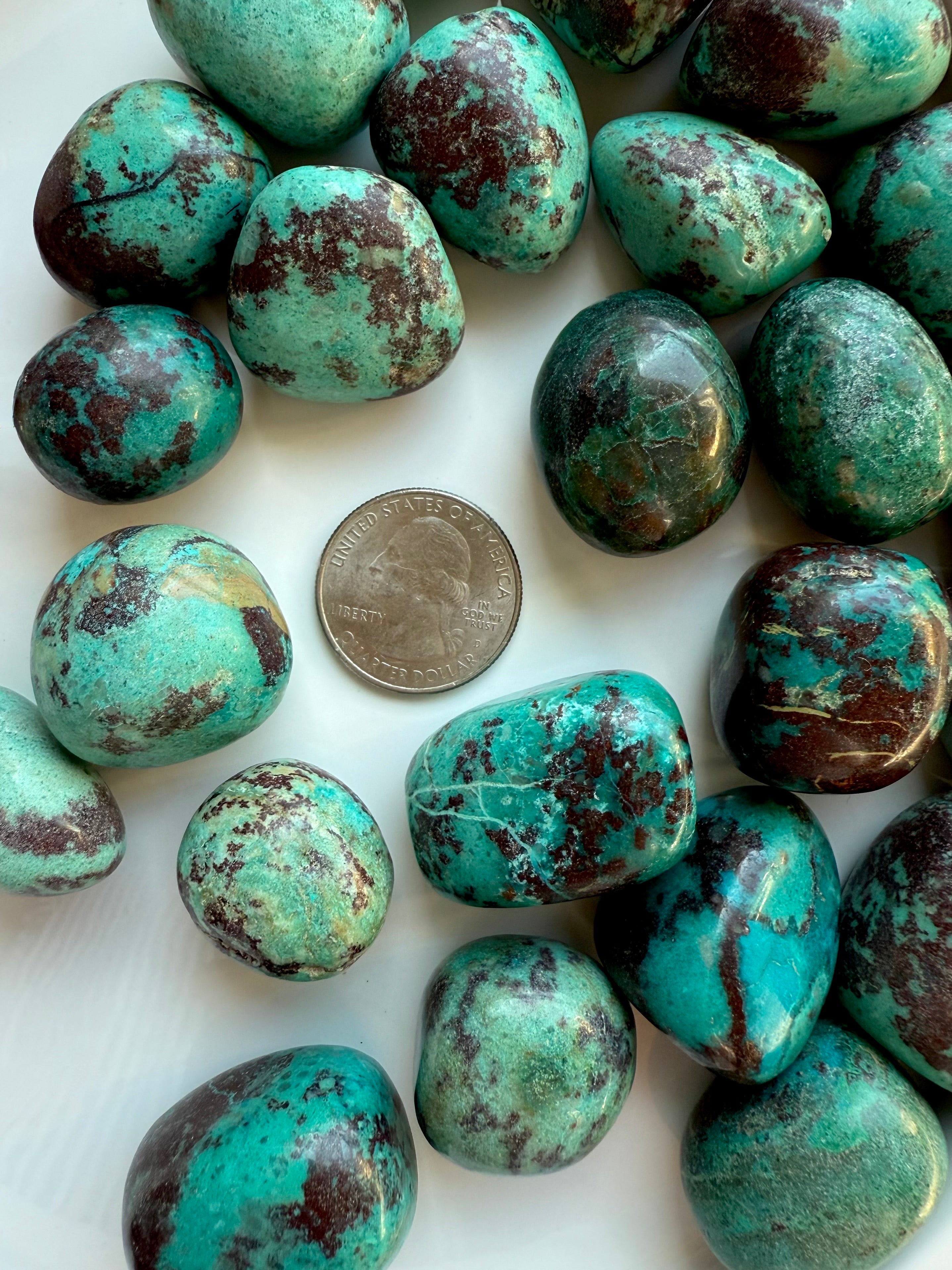 Chrysocolla tumbled stone assortment with U.S. quarter for size reference, turquoise-green crystals with red Cuprite inclusions.