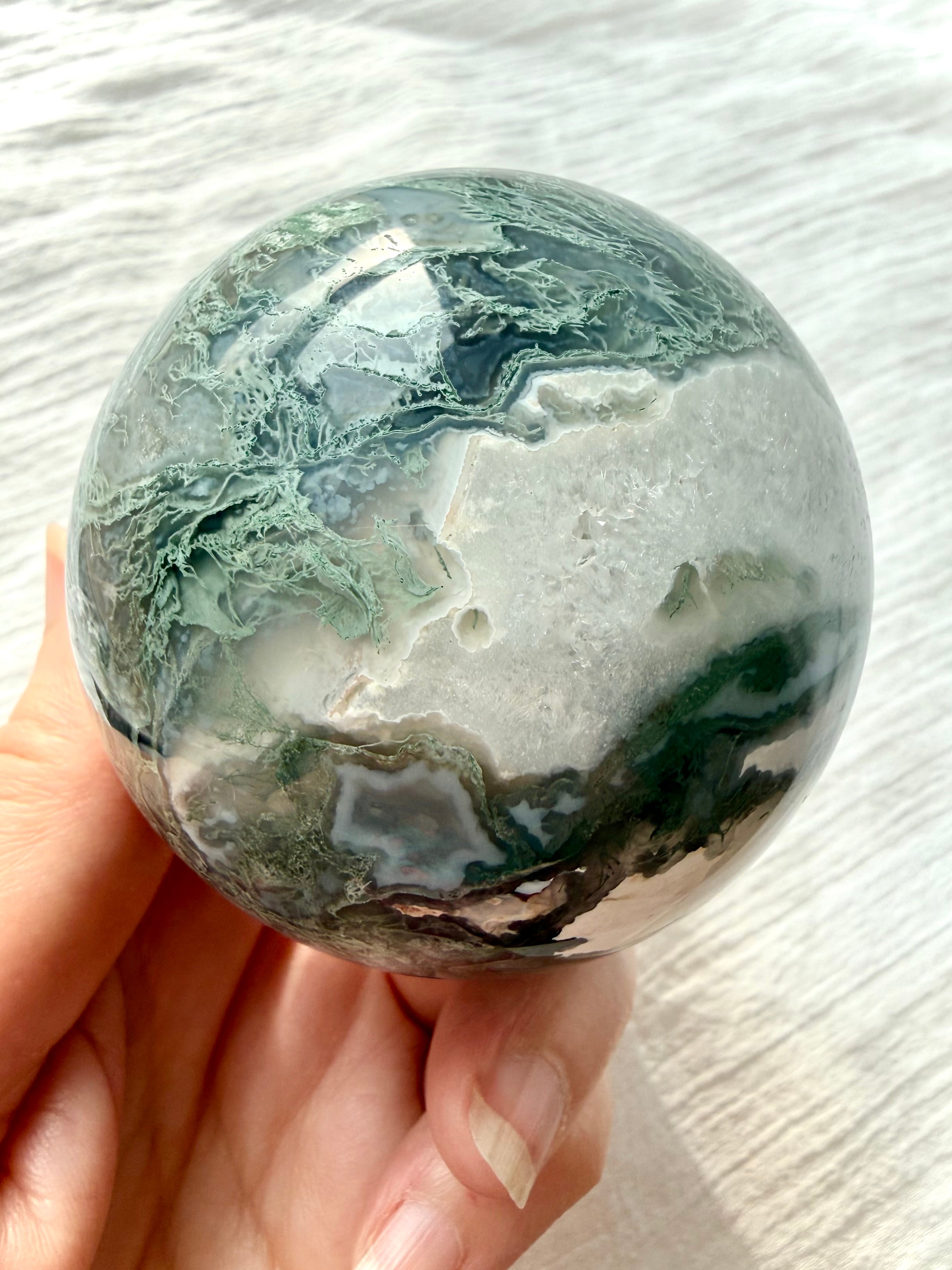 Moss Agate crystal ball with sparkling Quartz, white agate and deep forest green moss inclusions