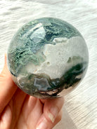 Moss Agate crystal ball with sparkling Quartz, white agate and deep forest green moss inclusions