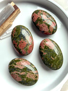 Unakite palm stones polished crystal in green and pink for heart chakra healing & emotional balance