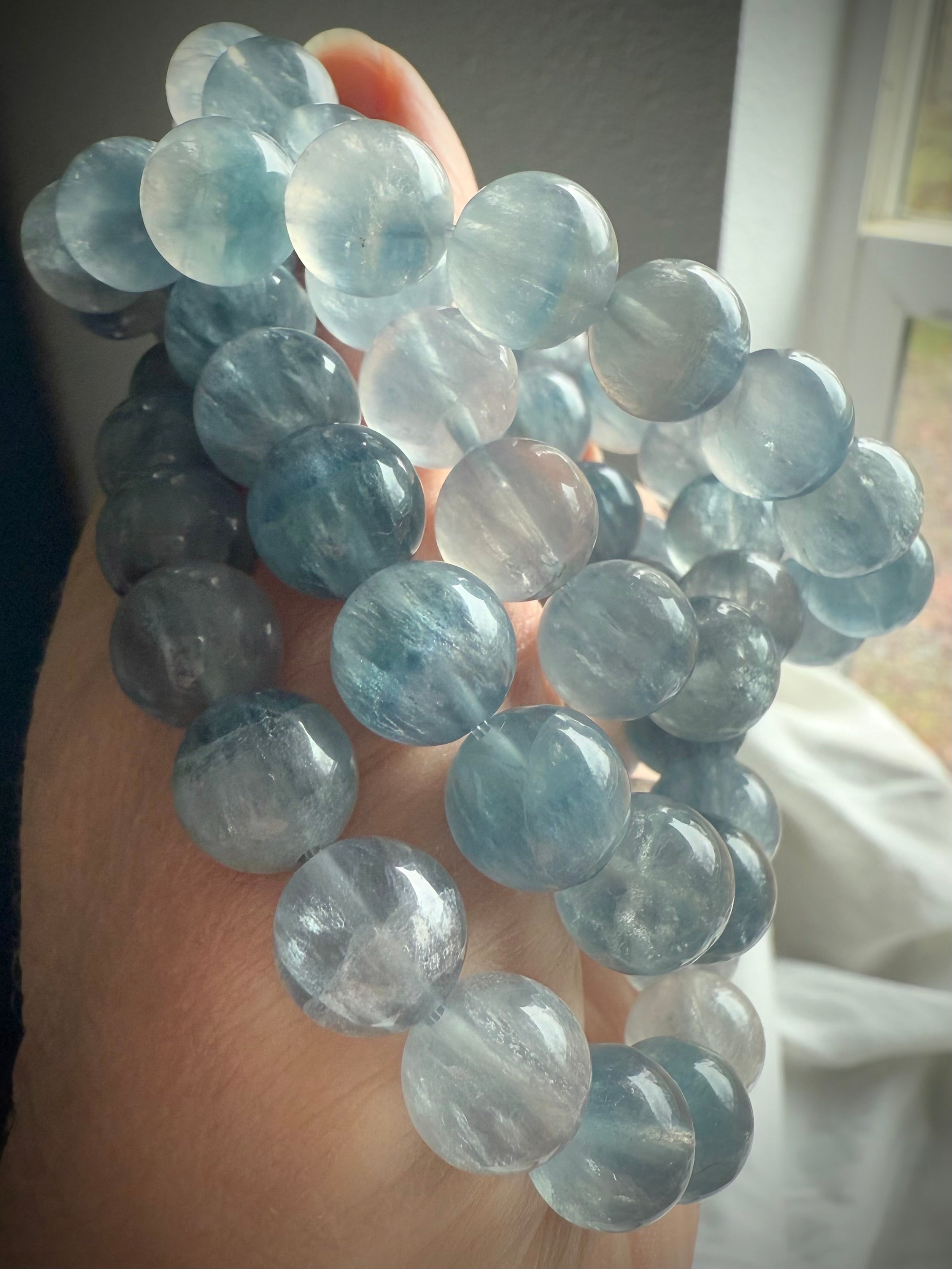 Rare, high quality Ice Blue Fluorite Bracelets with ethereal translucence + silky shimmer